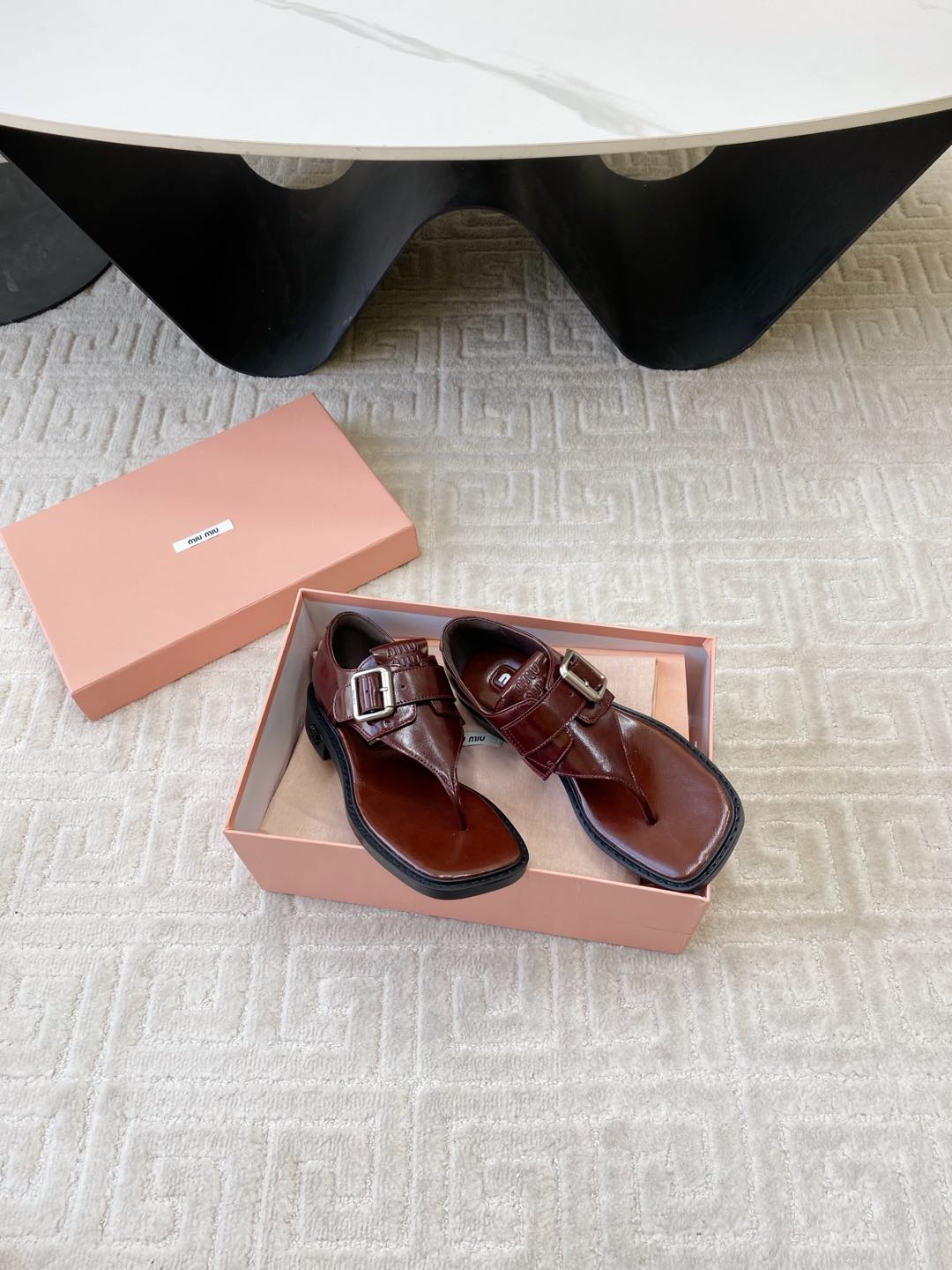 Miu Thong Sandals In Sienna Brown Shiny Lambskin With Silver Buckle
