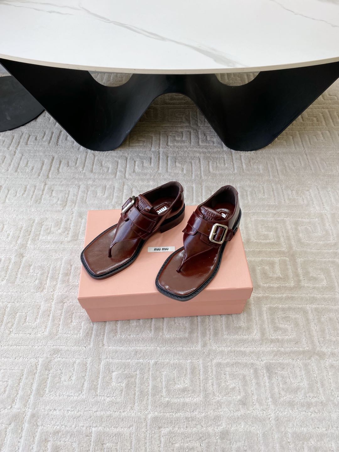 Miu Thong Sandals In Sienna Brown Shiny Lambskin With Silver Buckle