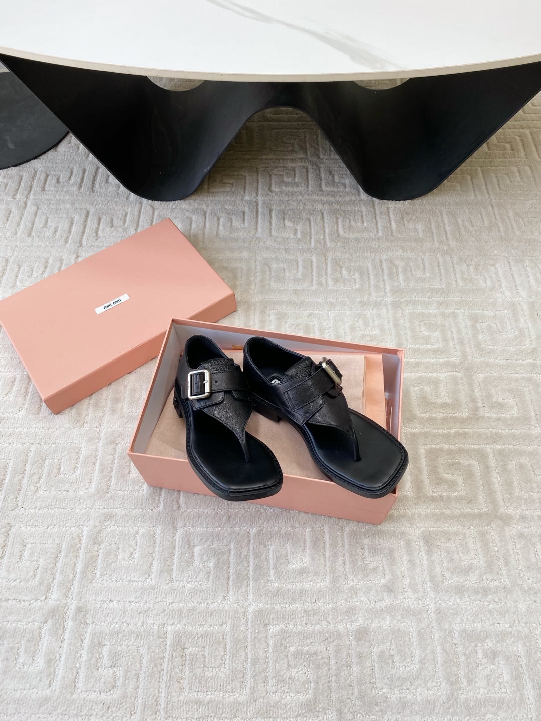 Miu Thong Sandals In Black Lambskin With Silver Buckle
