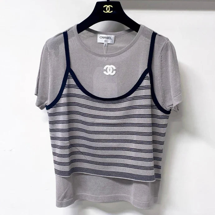 Chanel 2026 Grey Knit Top Striped Camisole Overlay 416252