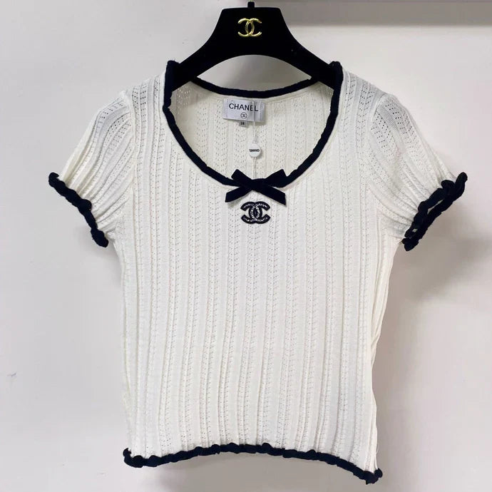 Chanel 2026 Bow Detail Short-Sleeve Knit White Viscosa 463561