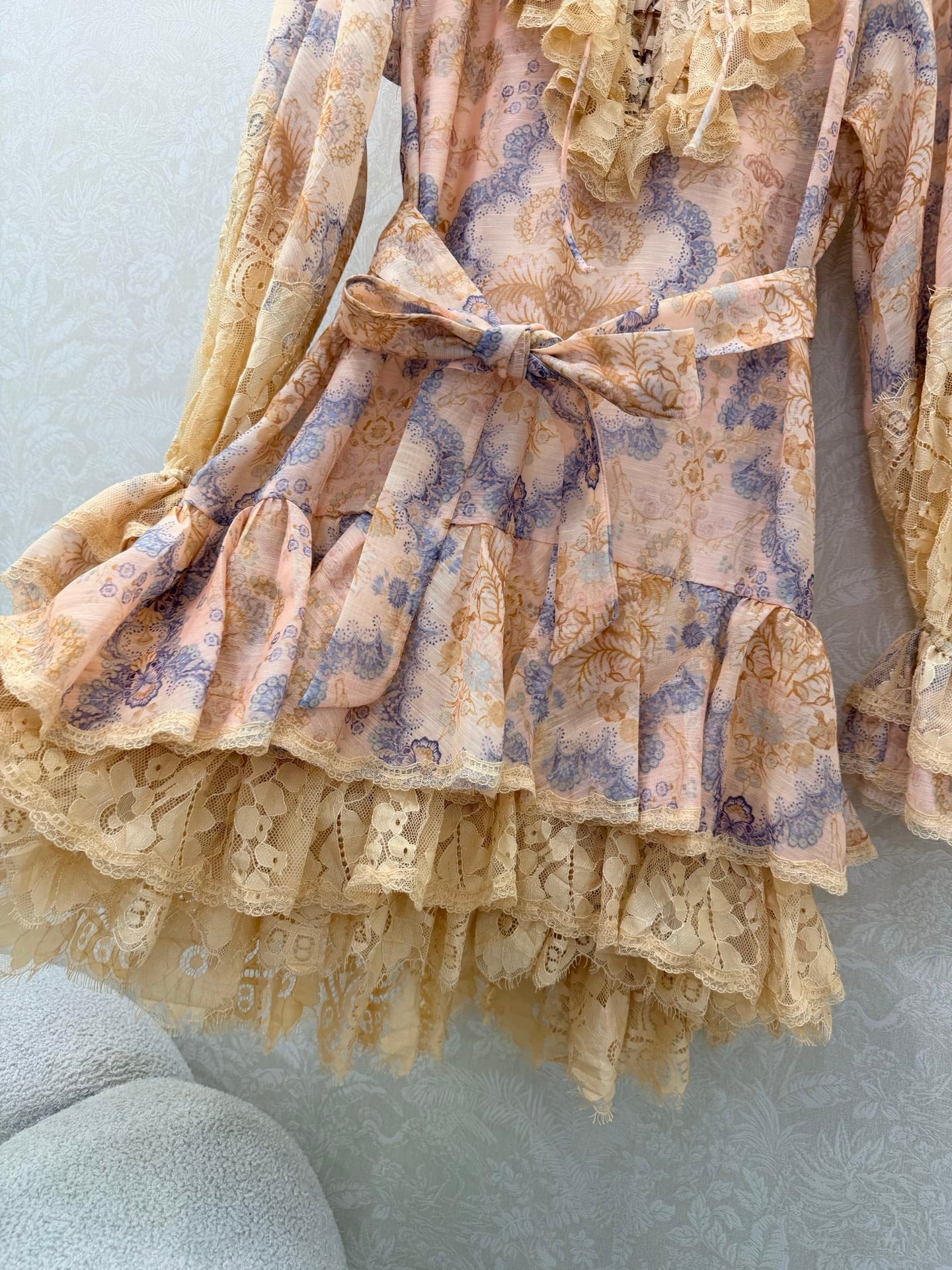 Zimmermann Rebellion Lace-Up Mini Dress Tan Floral Cotton 335960
