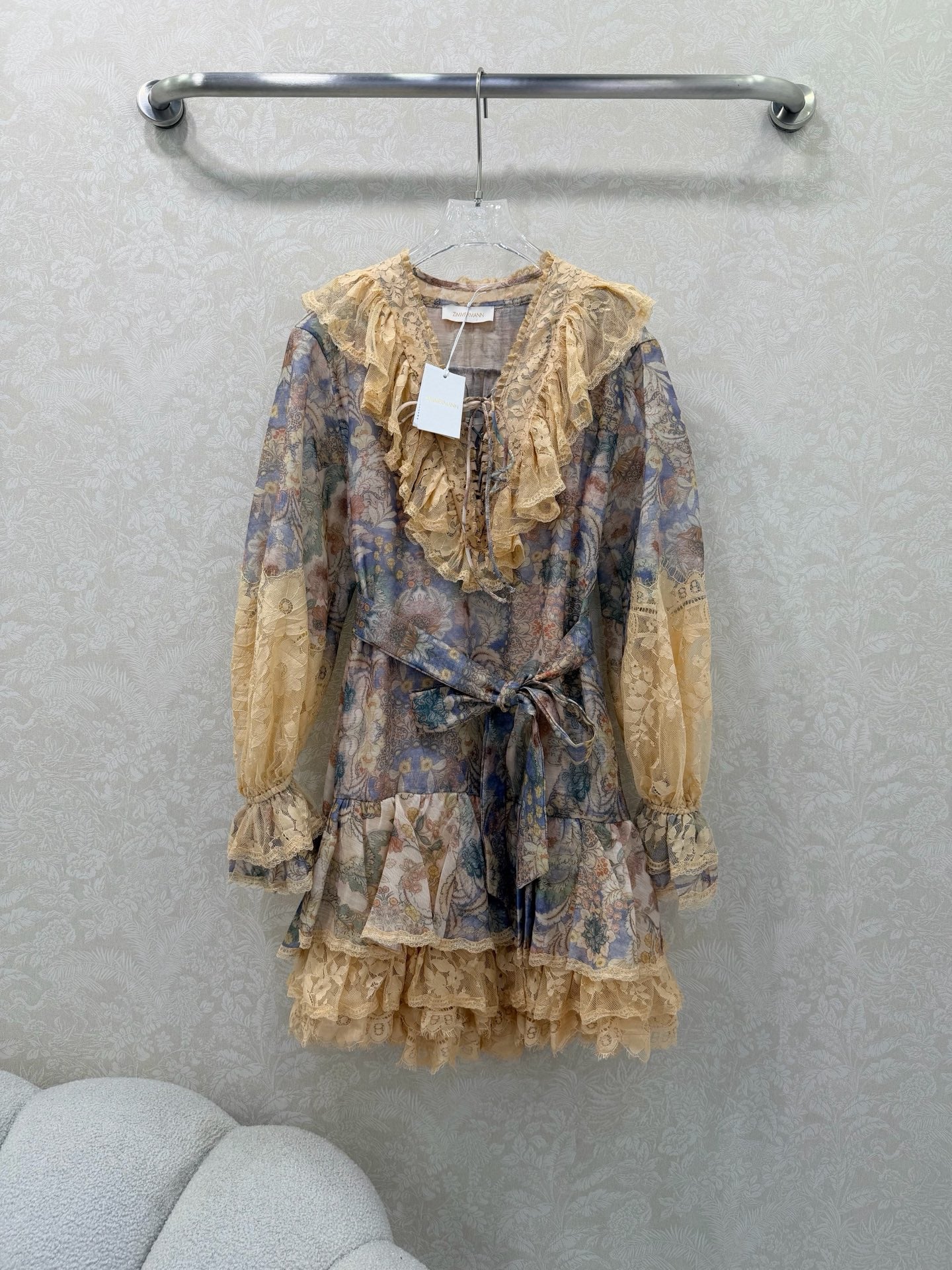 Zimmermann Rebellion Lace-Up Mini Dress Tan Blue Cotton 335959
