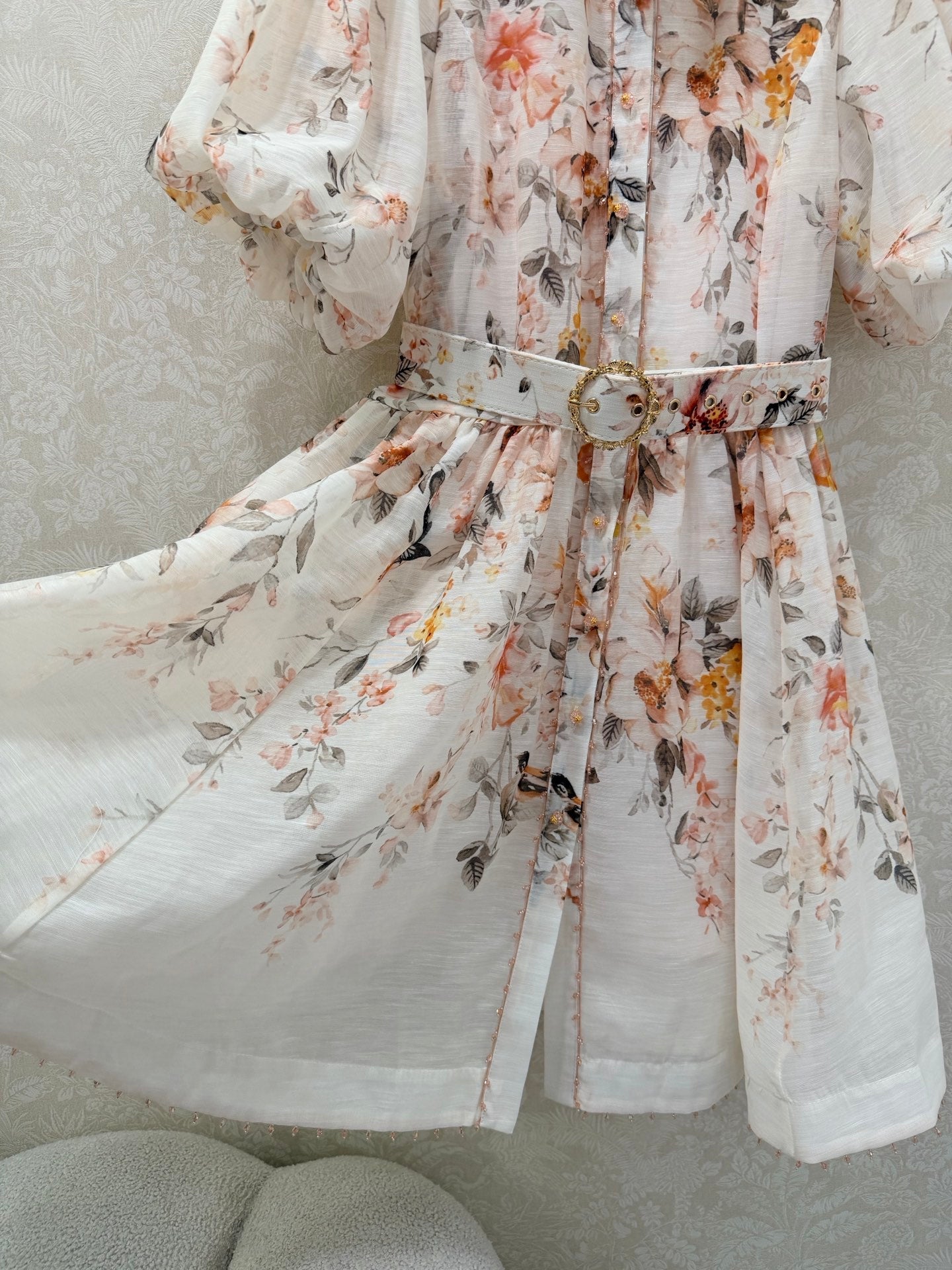 Zimmermann Floral Puff Sleeve Mini Dress Cream Floral Print Cotton 347338