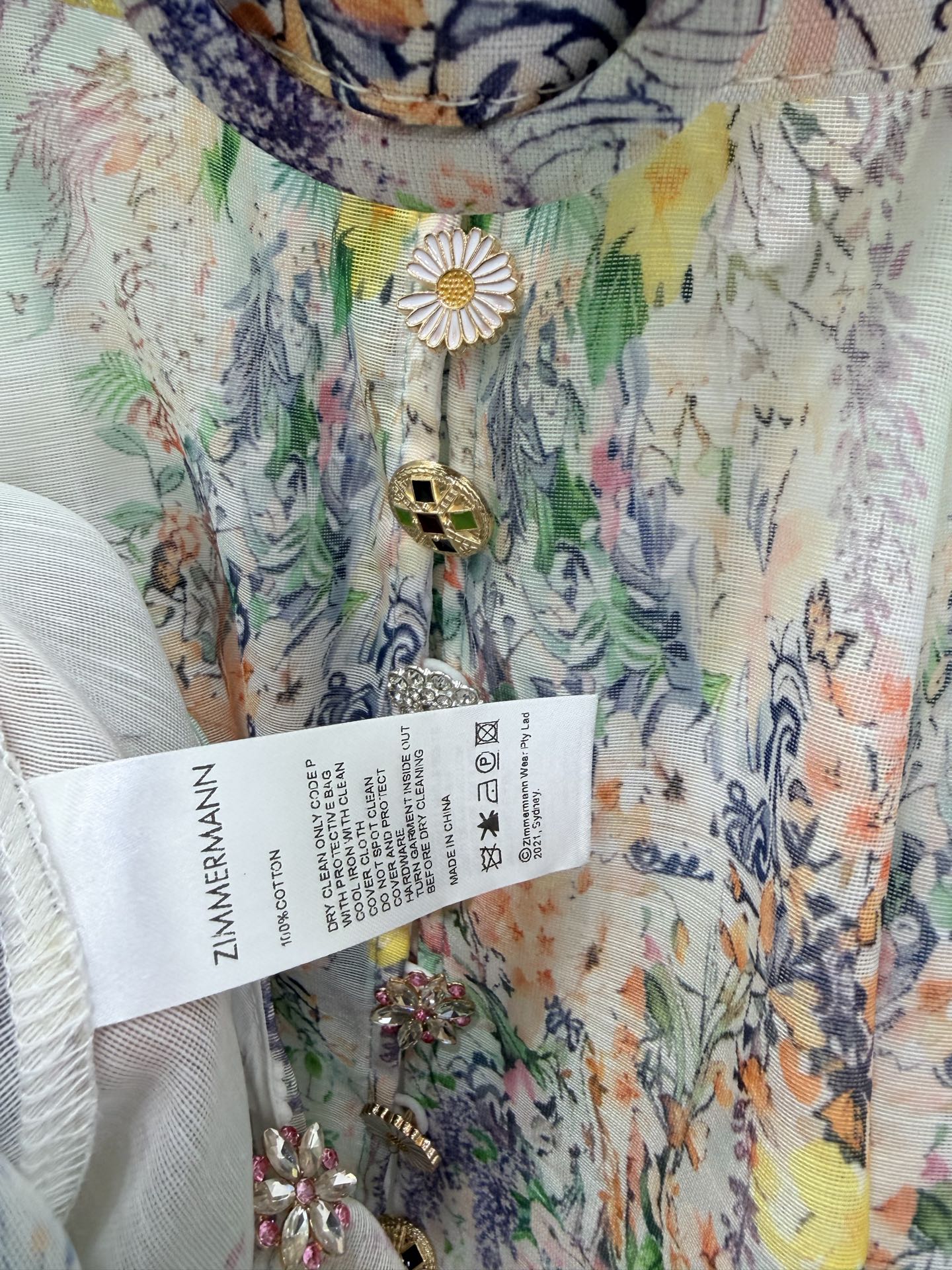 Zimmermann Jude Floral-Print Mini Dress Ivory Turquoise Cotton 347296