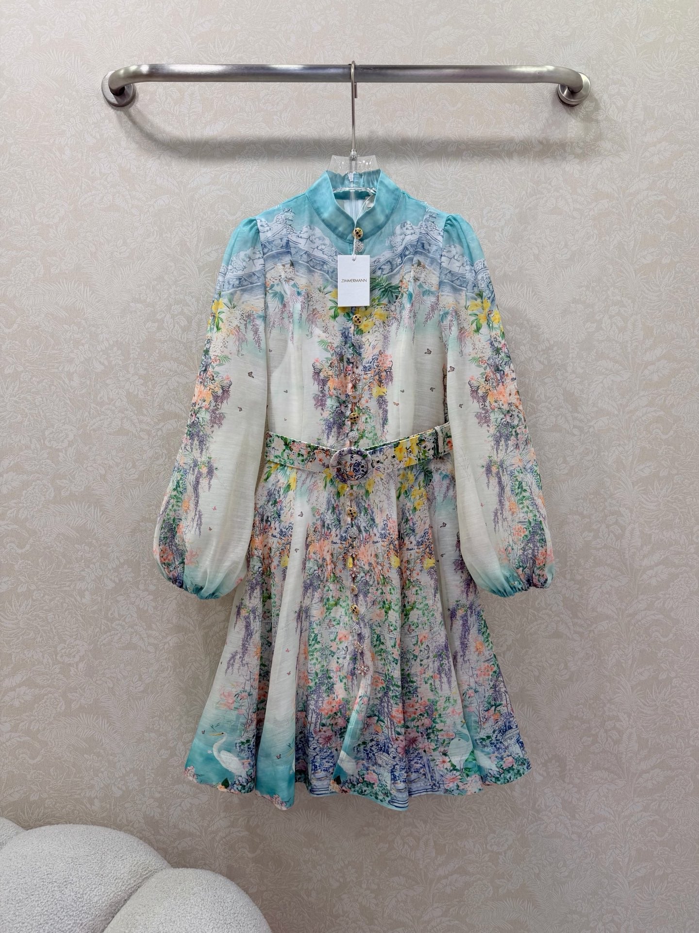 Zimmermann Jude Floral-Print Mini Dress Ivory Turquoise Cotton 347296
