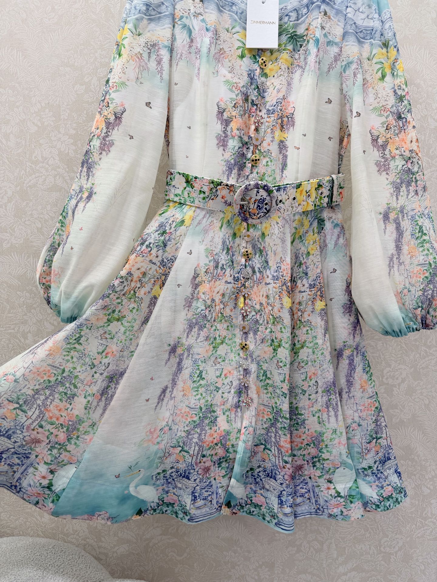 Zimmermann Jude Floral-Print Mini Dress Ivory Turquoise Cotton 347296