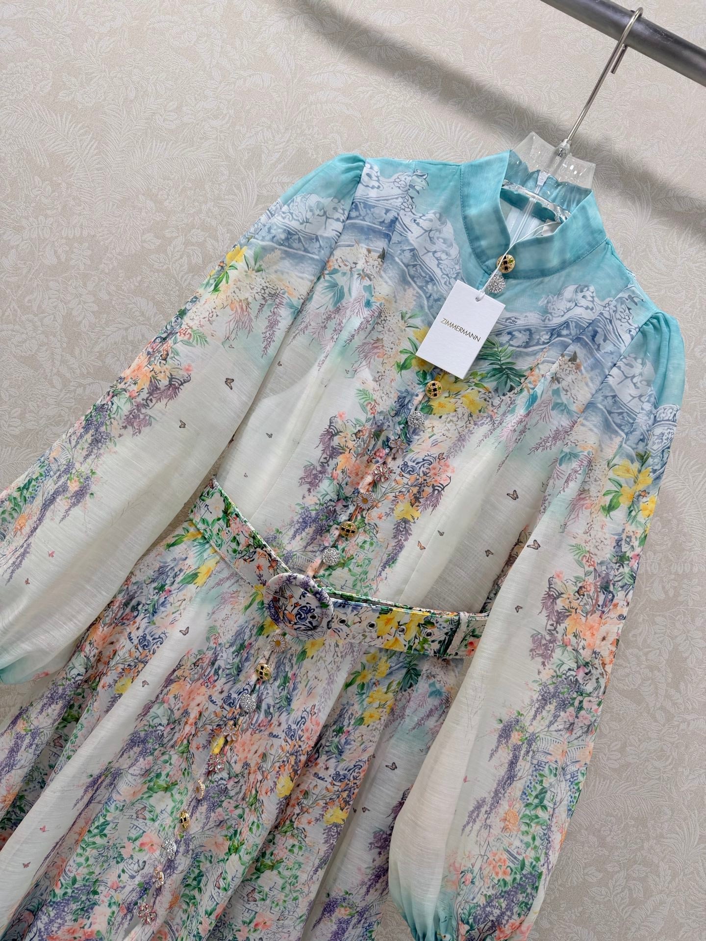 Zimmermann Jude Floral-Print Mini Dress Ivory Turquoise Cotton 347296