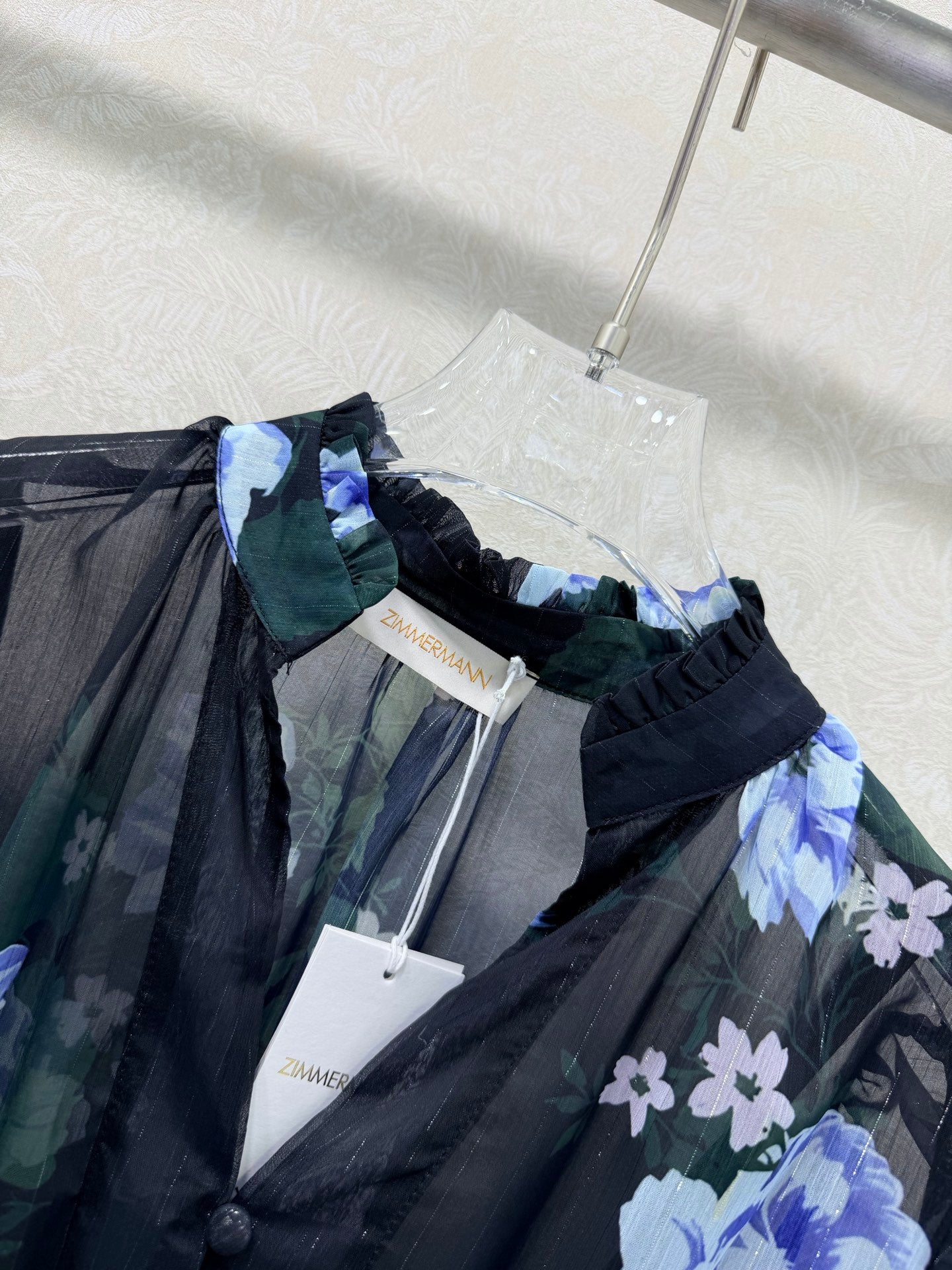 Zimmermann Georgette V-Neck Dress Black Blue Flower Cotton 342115