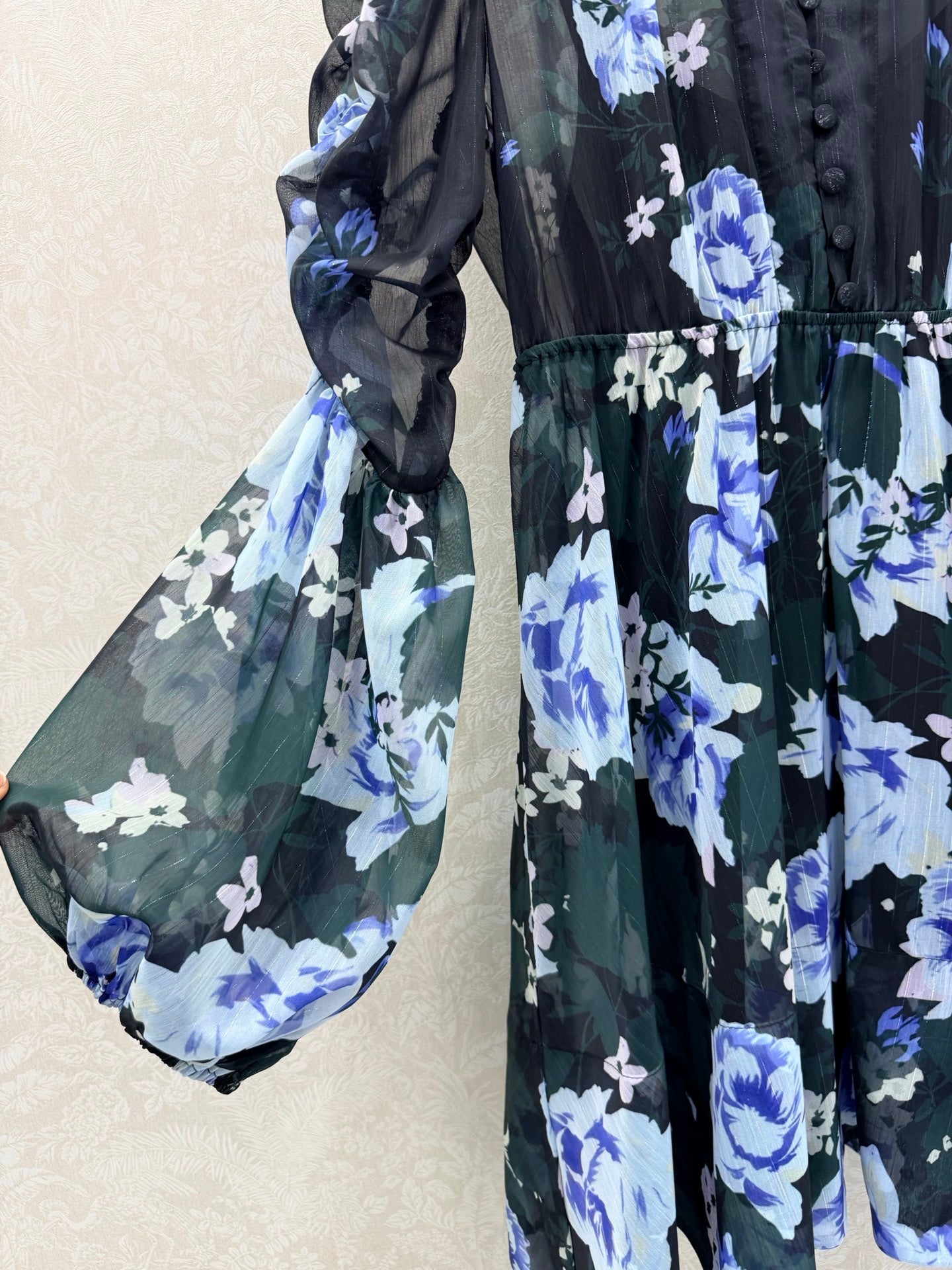 Zimmermann Georgette V-Neck Dress Black Blue Flower Cotton 342115