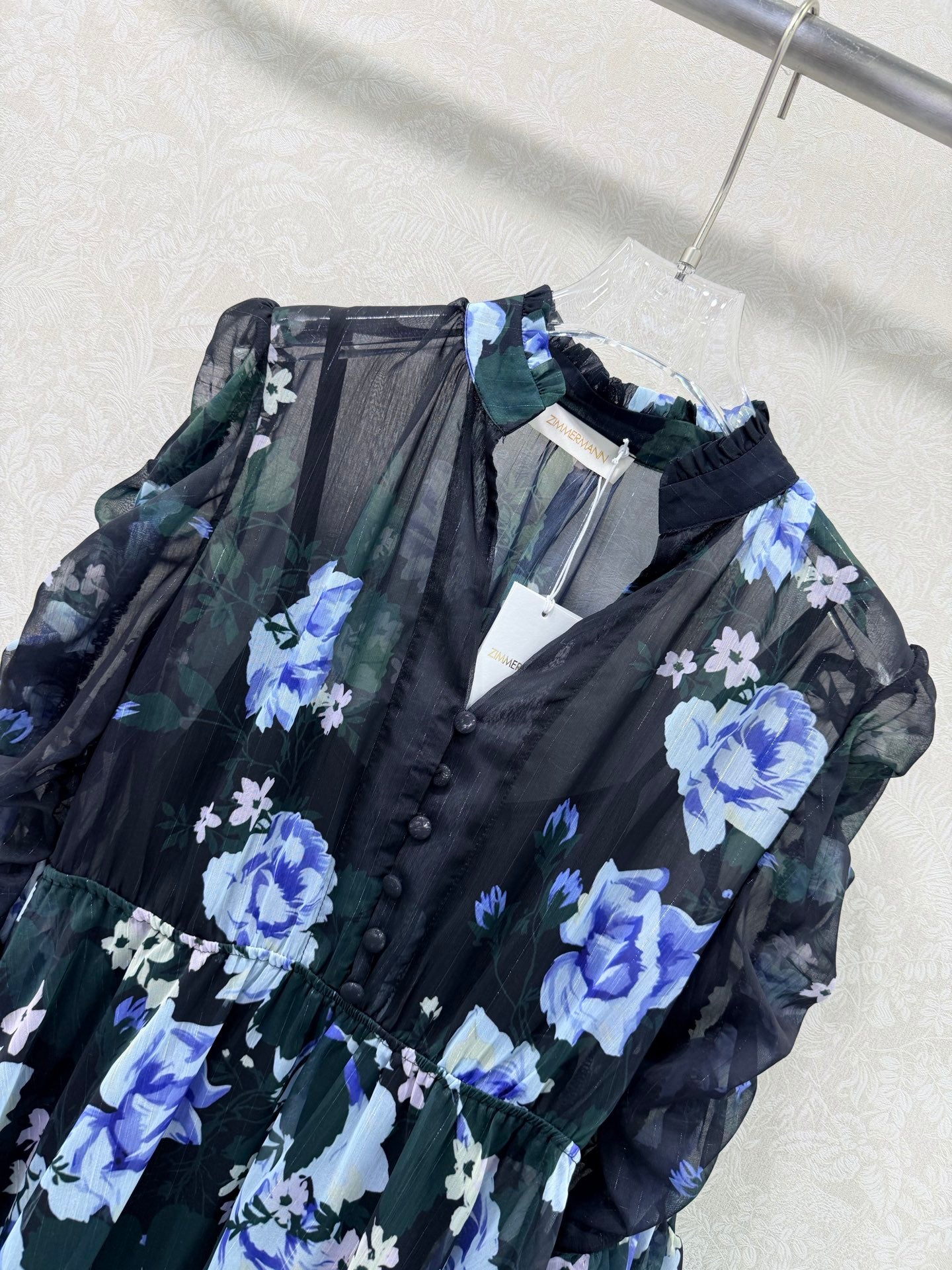 Zimmermann Georgette V-Neck Dress Black Blue Flower Cotton 342115