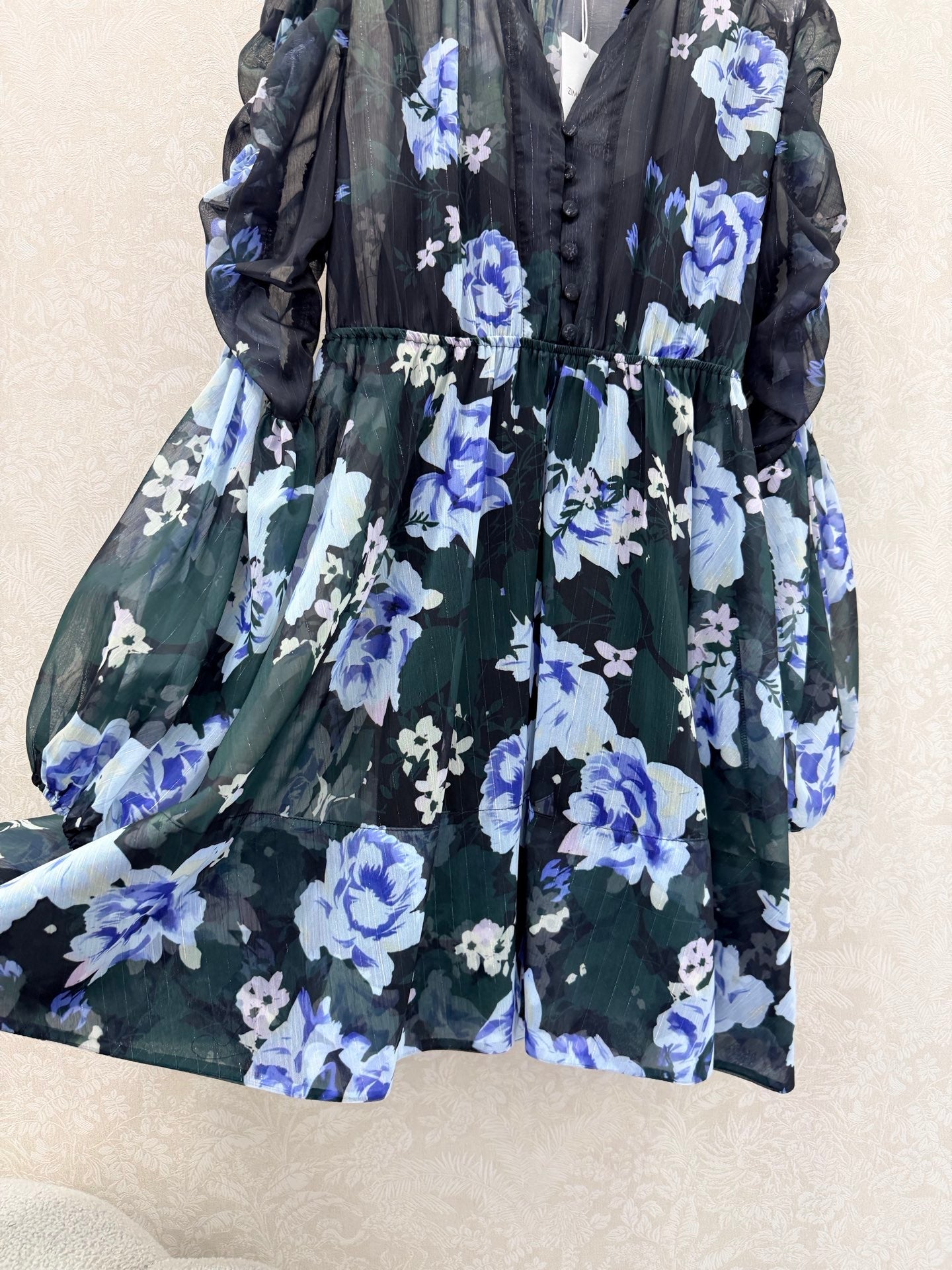 Zimmermann Georgette V-Neck Dress Black Blue Flower Cotton 342115