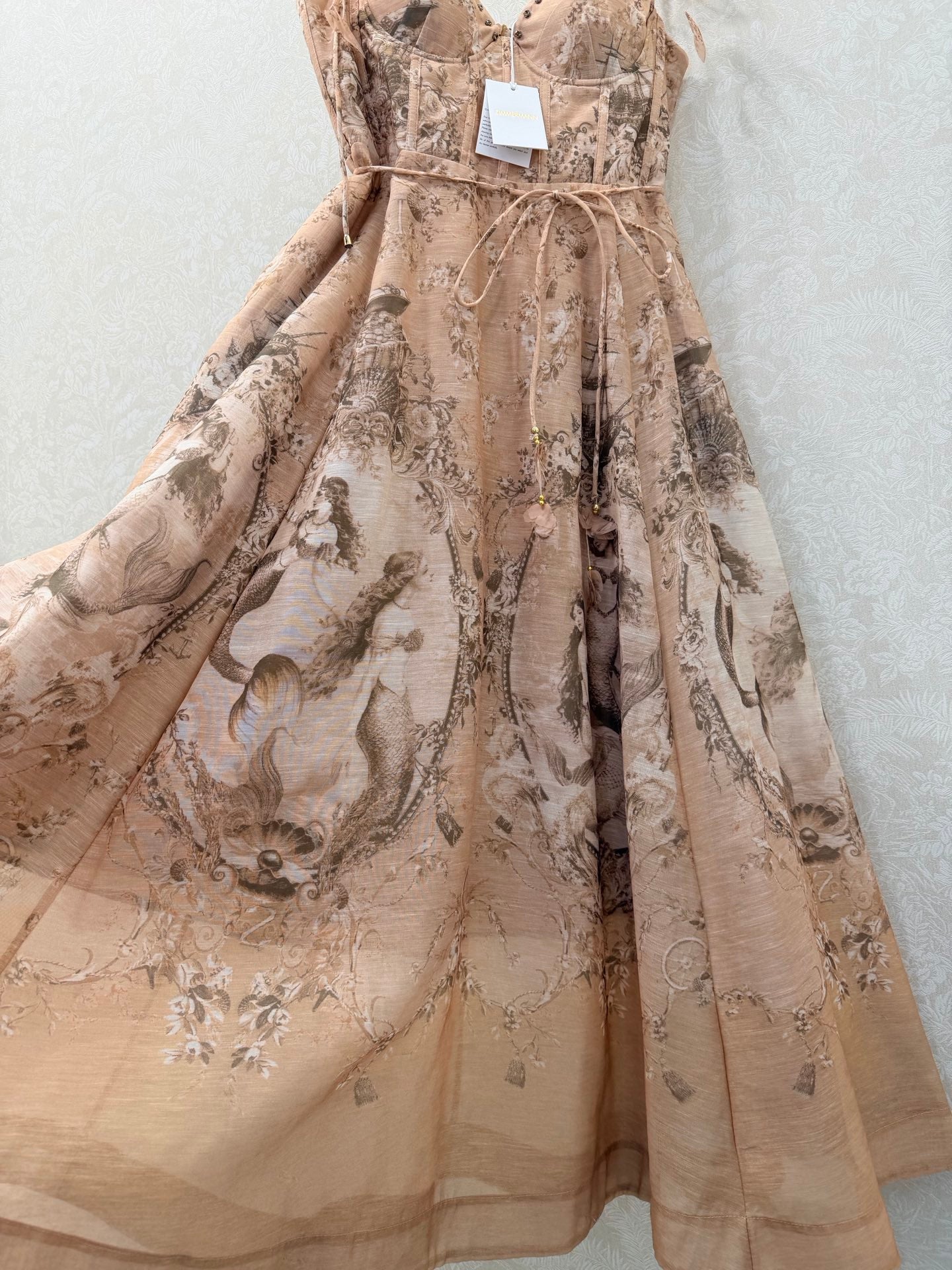 Zimmermann Crush Twist Front Midi Dress Peach Lace Print Cotton 347278