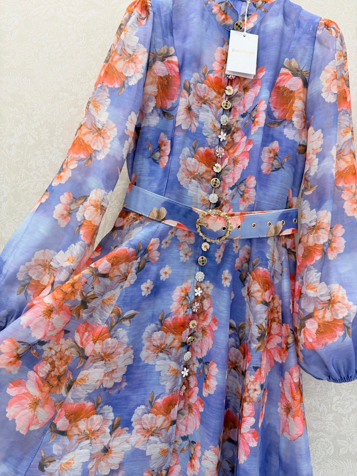Zimmermann Awaken Billow-Sleeve Dress Chambray Floral Cotton 347201