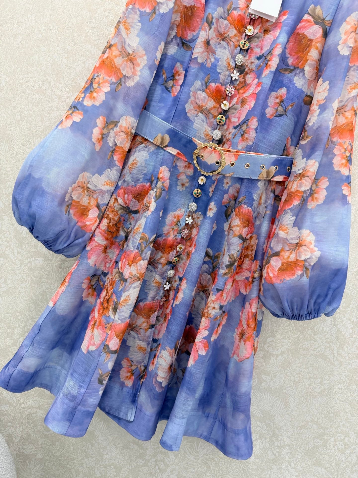 Zimmermann Awaken Billow-Sleeve Dress Chambray Floral Cotton 347201