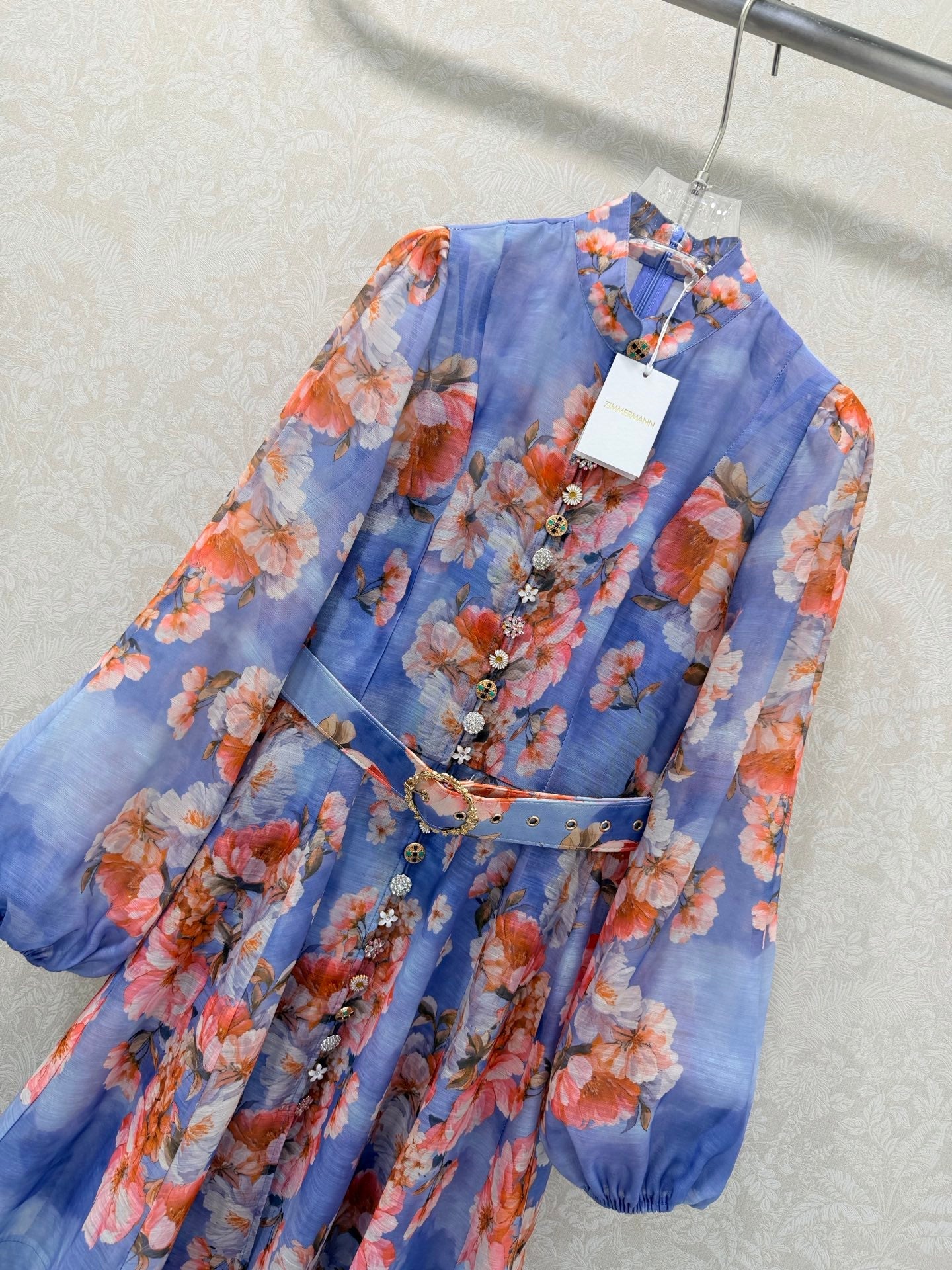 Zimmermann Awaken Billow-Sleeve Dress Chambray Floral Cotton 347201