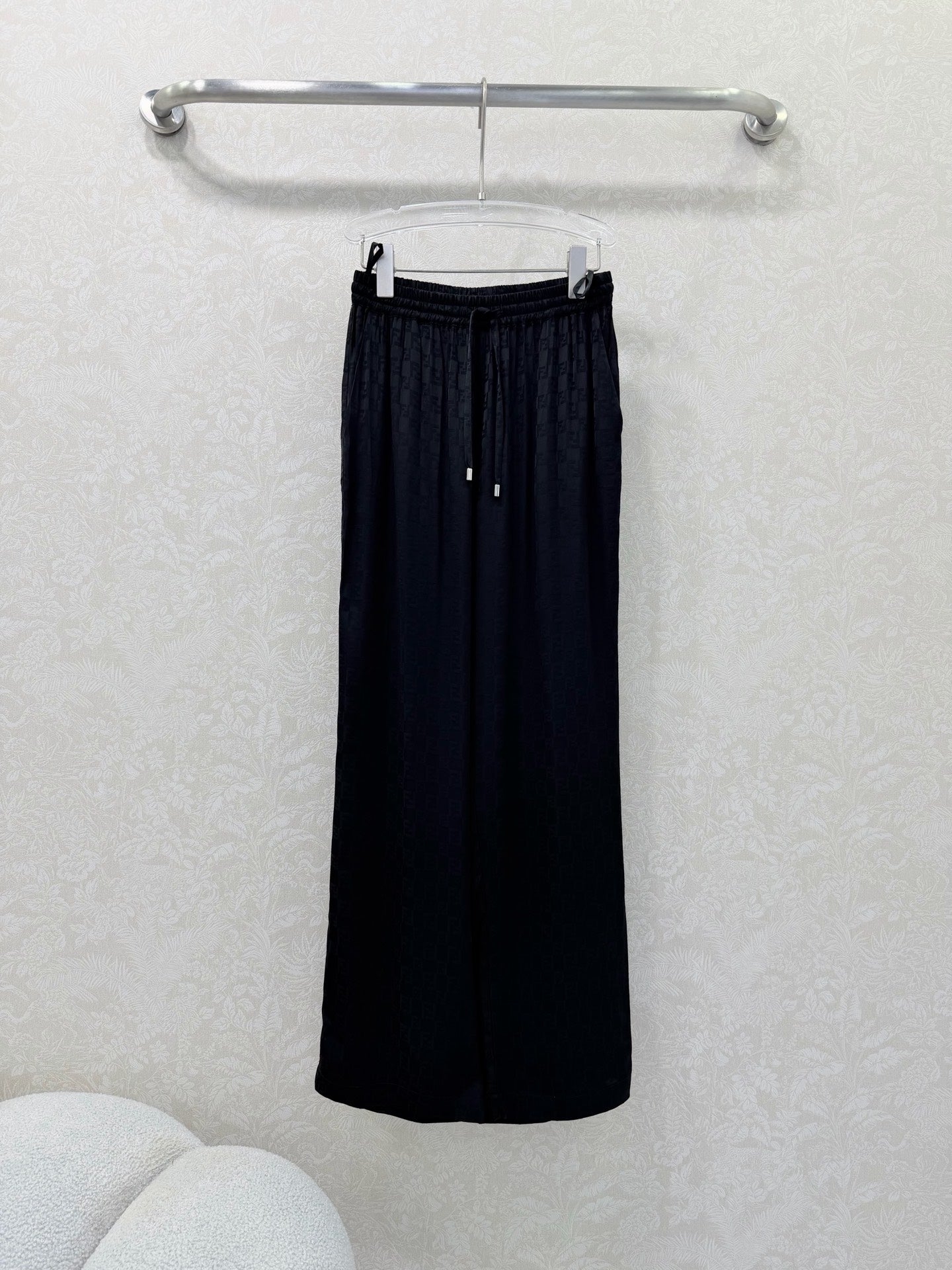 Fendi 26s Wide-Leg Trousers Jacquard Pattern Black Rayon Cotton