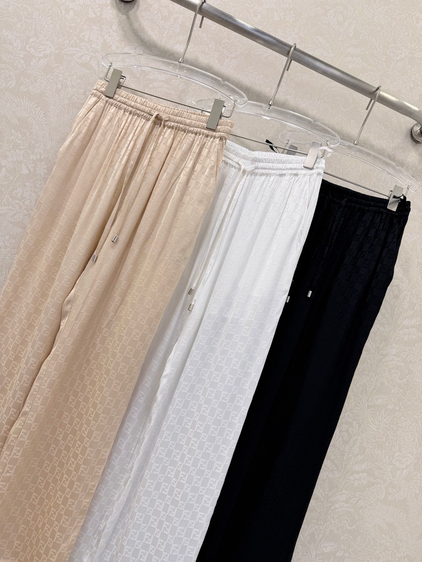 Fendi 26s Wide-Leg Trousers Jacquard Pattern Beige Rayon Cotton