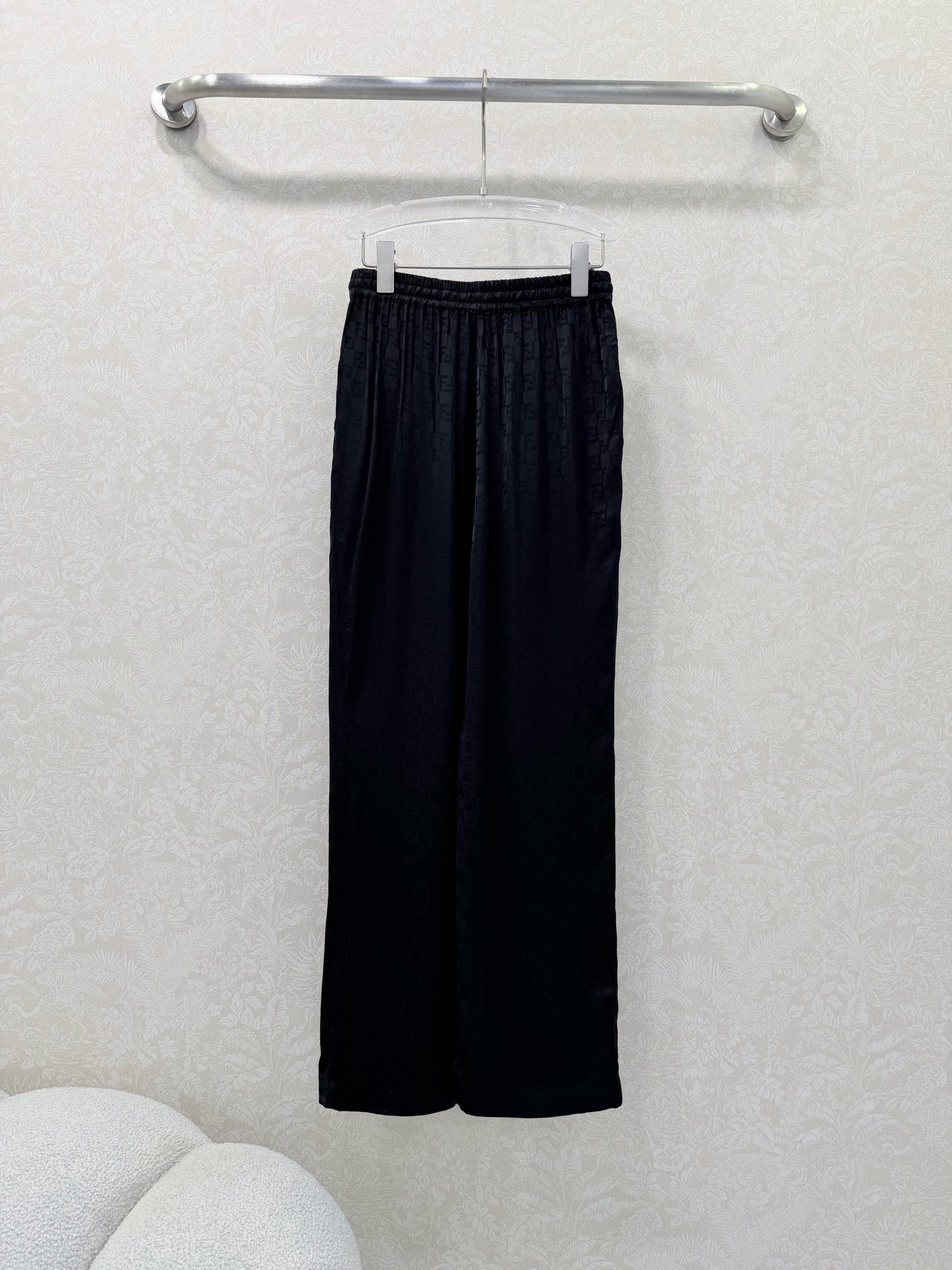 Fendi 26s Wide-Leg Trousers Jacquard Pattern Black Rayon Cotton