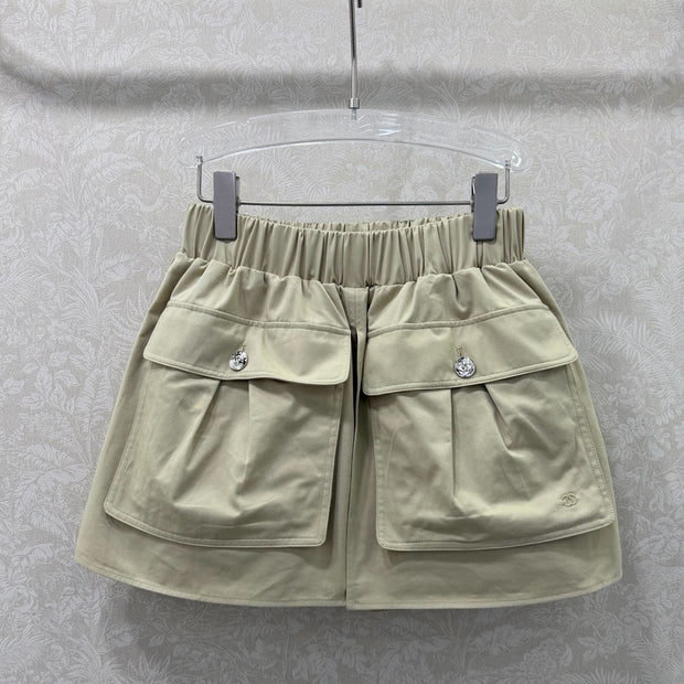 Chanel 2026 Large Pocket Cargo Shorts Skirt Khaki Cotton 359637
