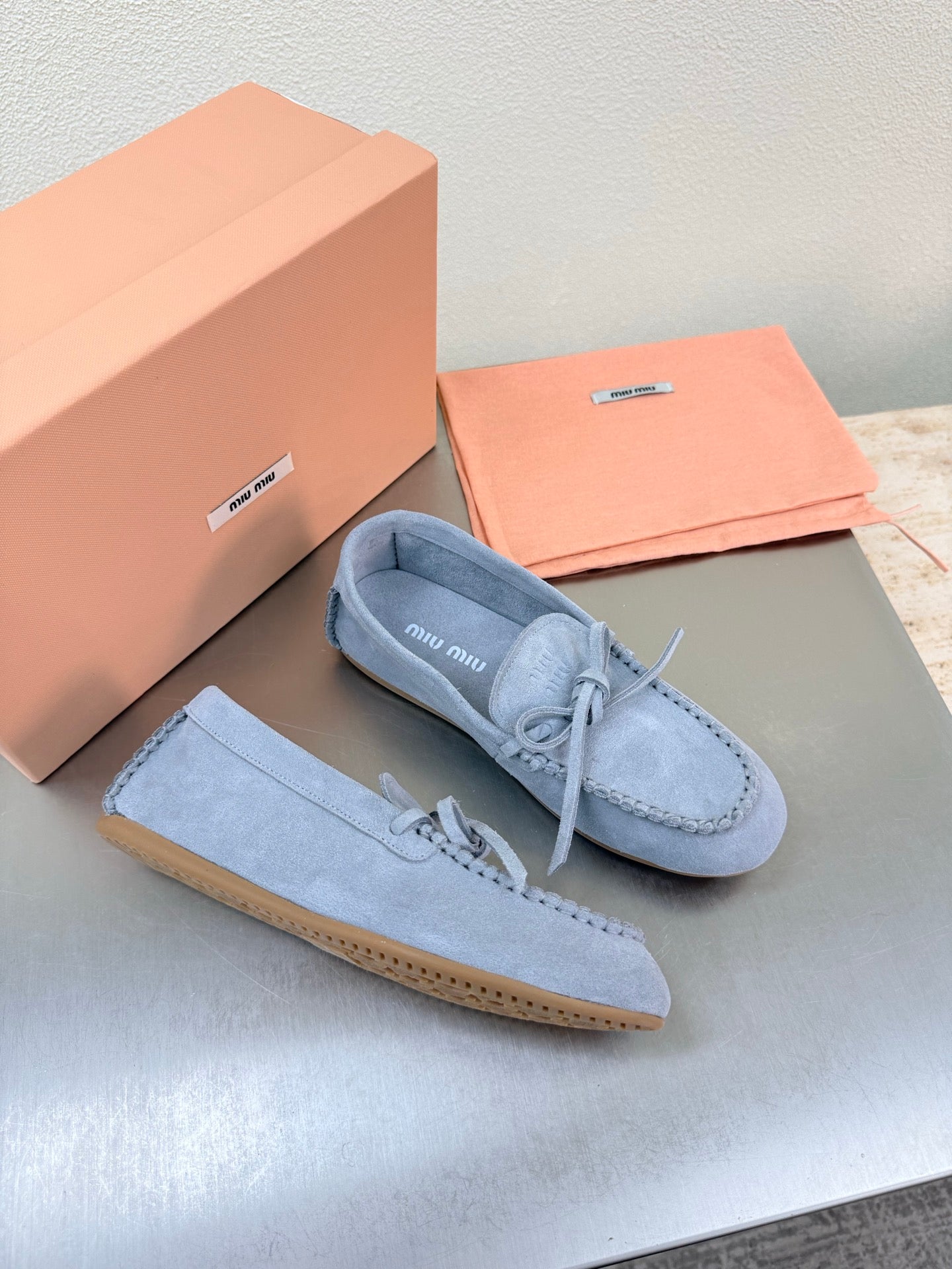Miu Logo Loafer Light Blue Suede 693516
