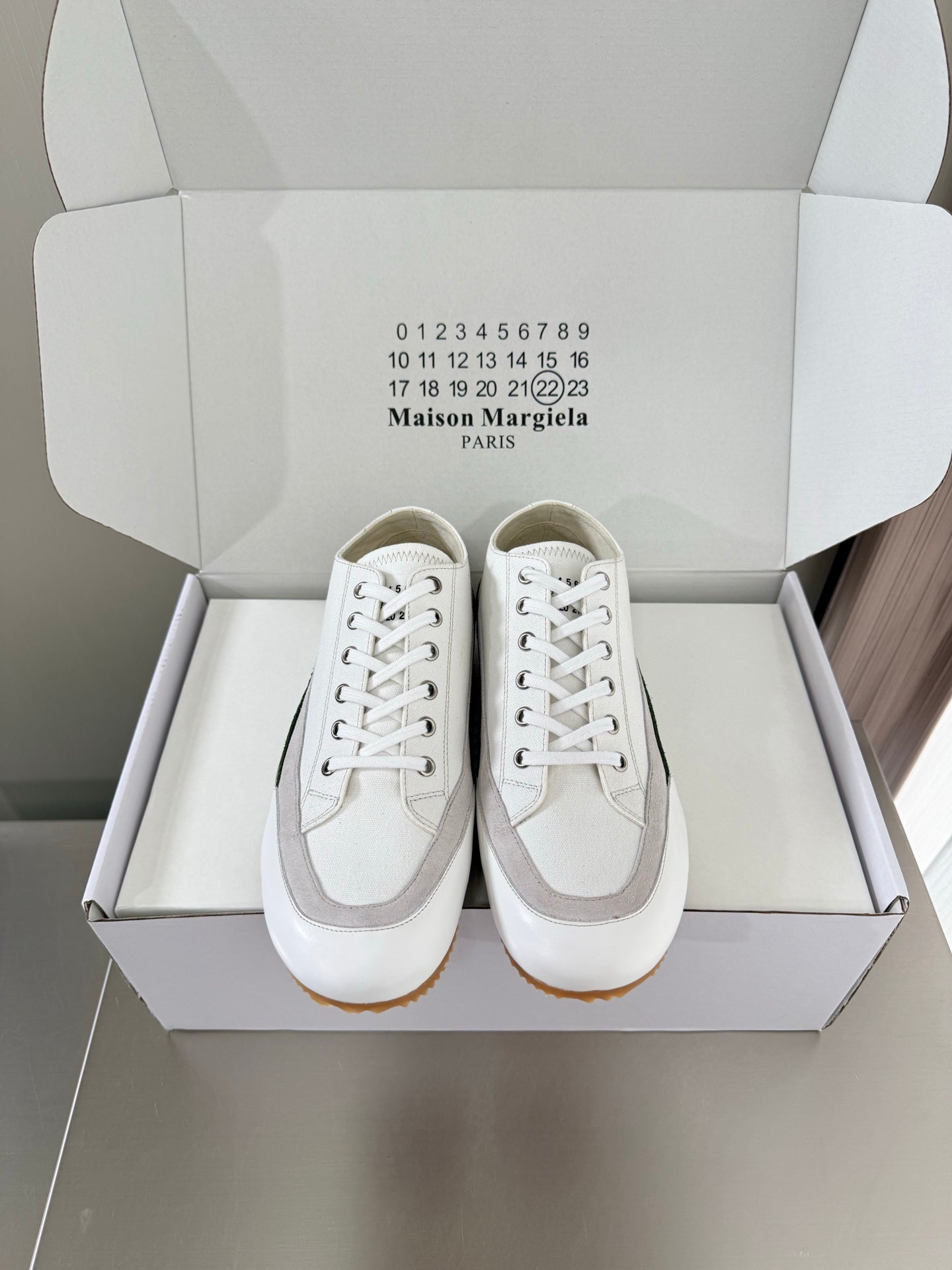 Maison Margiela Traveler Sneaker White Grey Suede Canvas Sheeepskin 872471
