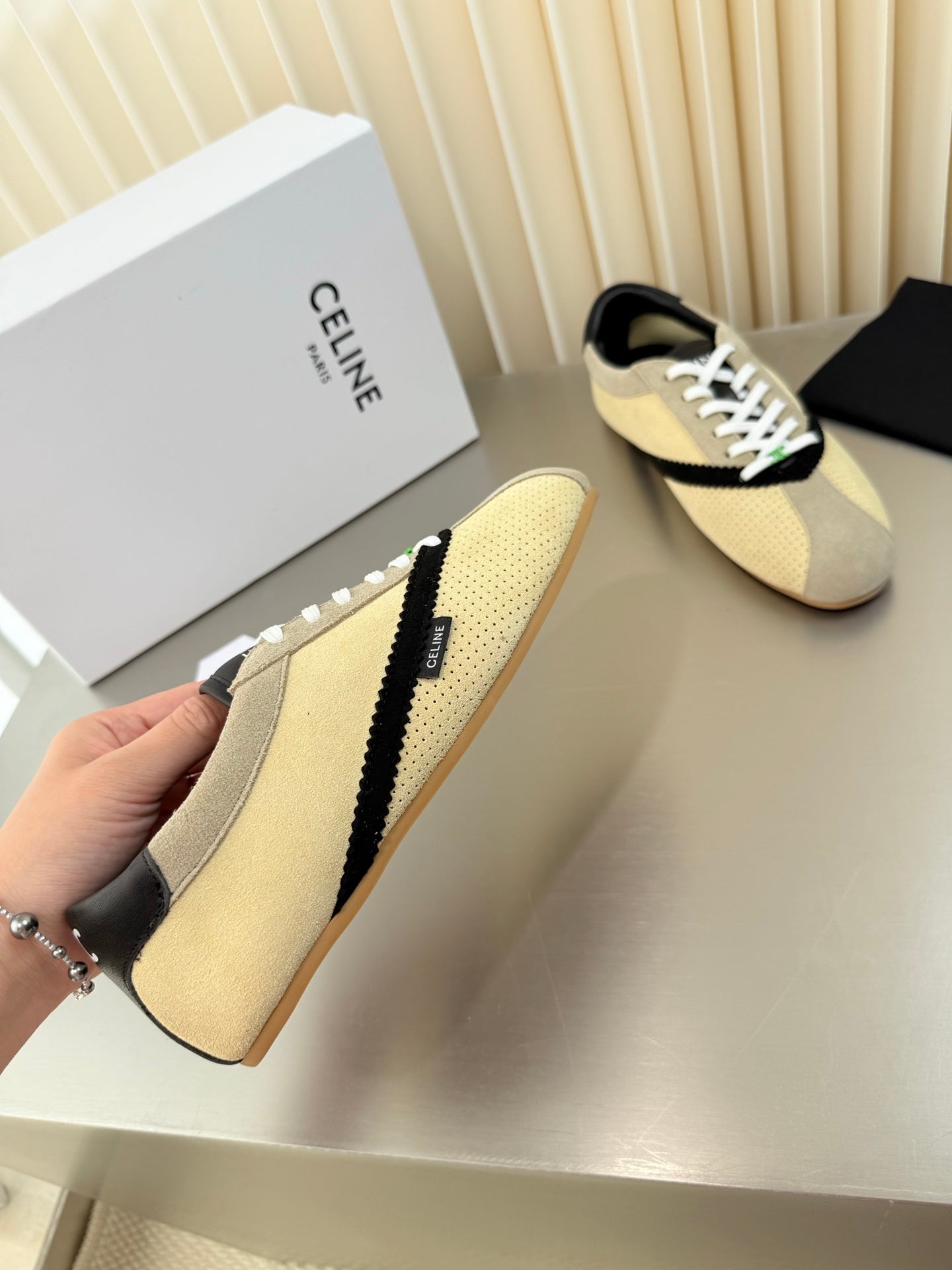 Celine 26 Flat Sneaker Black Cream Leather Suede 989413
