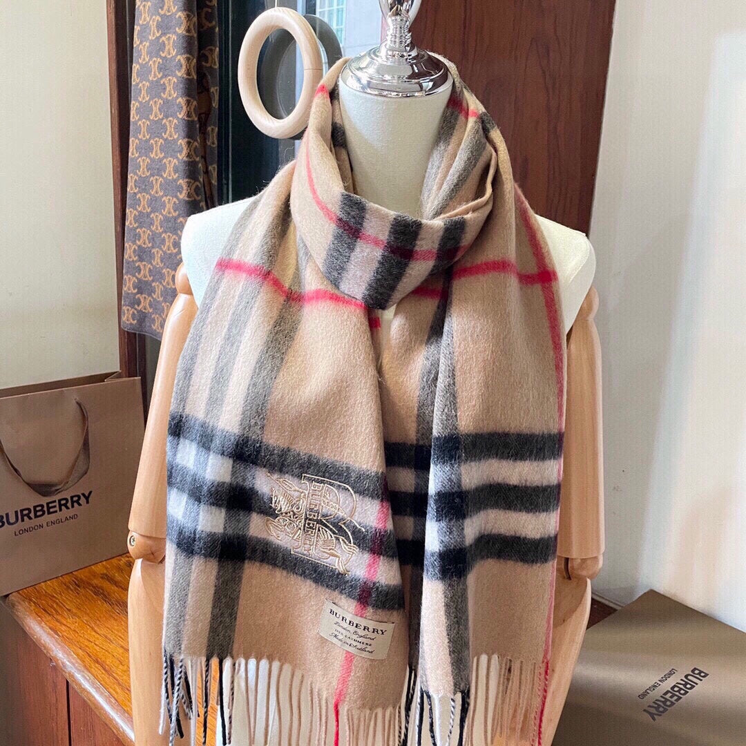 CLASSIC CHECK SCARF 180 CM IN CAMEL BROWN MIX BLACK CASHMERE 394772
