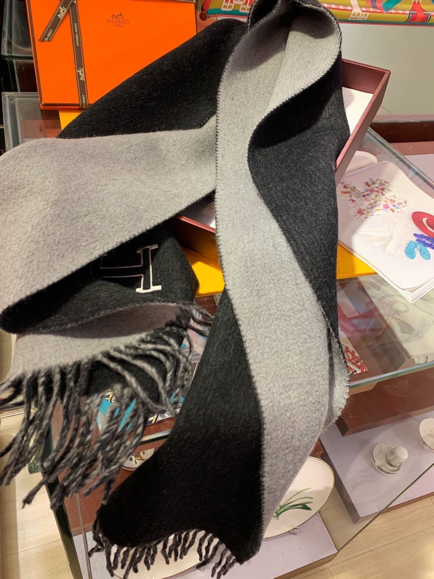 Scarf 200 CM In Black Mix Grey Cashmere 394774