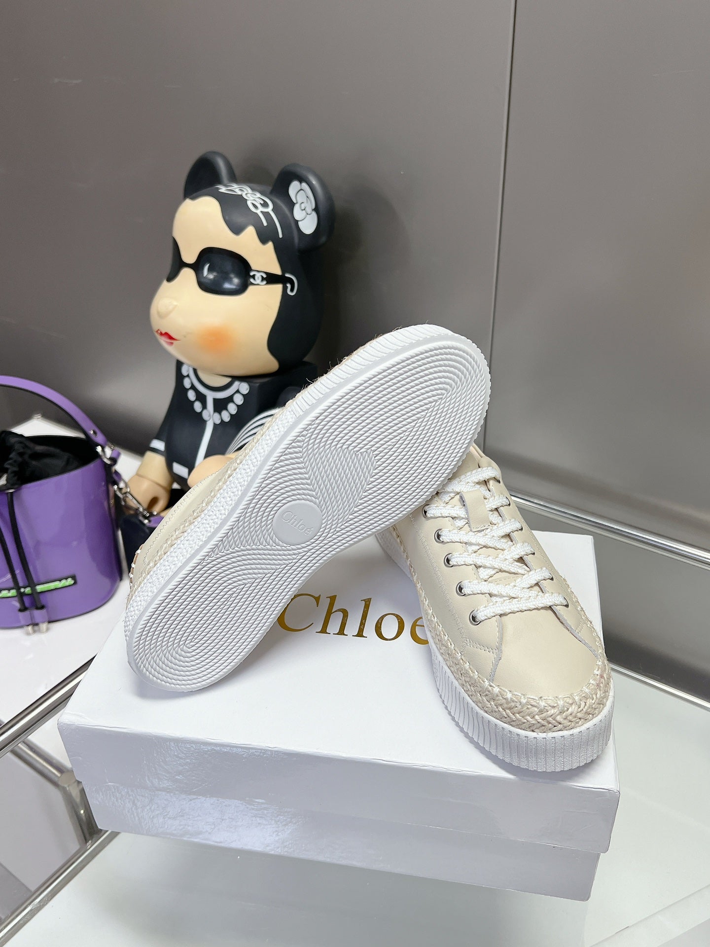 CHLOÉ TELMA LACE-UP SNEAKER IN CREAM BEIGE LAMBSKIN AND RAFFIA