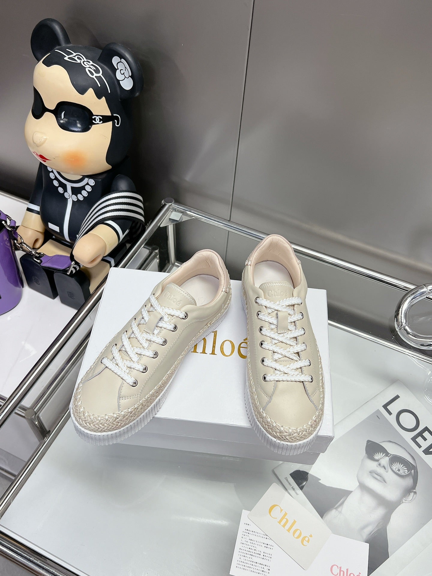CHLOÉ TELMA LACE-UP SNEAKER IN CREAM BEIGE LAMBSKIN AND RAFFIA