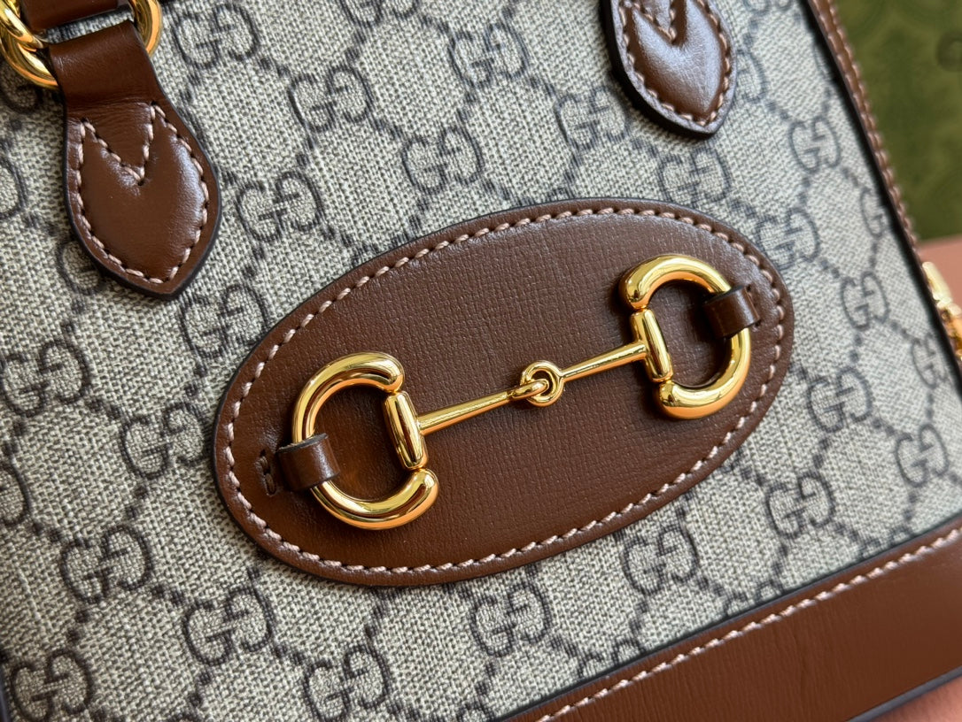 GG Horsebit 1955 Small Top Handle Bag Beige & Black GG Monogram Fabric 272170