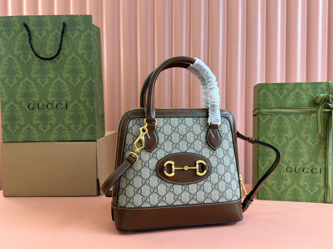 GG Horsebit 1955 Small Top Handle Bag Beige & Dark Brown GG Monogram Fabric 272173