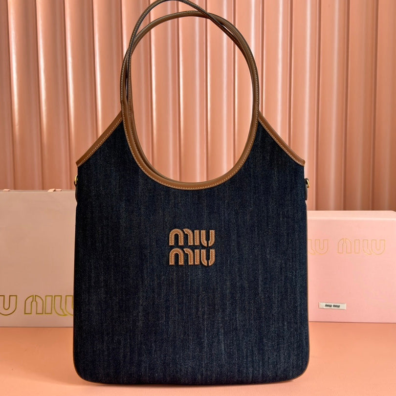 Miu Ivy Tote Bag 35cm Blue Denim Leather 230775