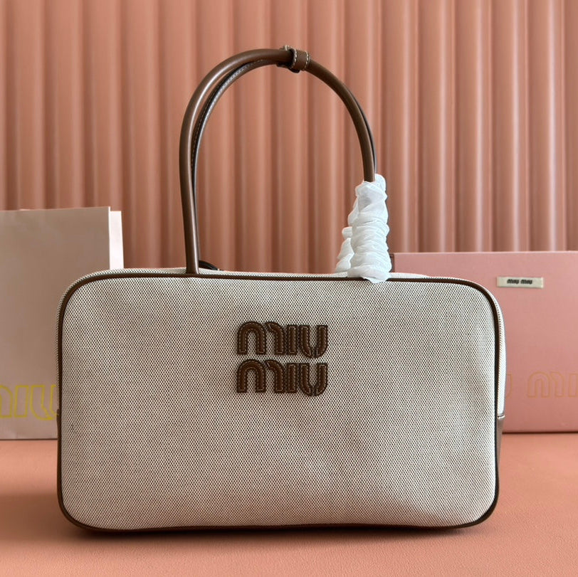 Miu Beau Medium Bag 34cm Soft Beige Cotton Brown Cowhide 257973