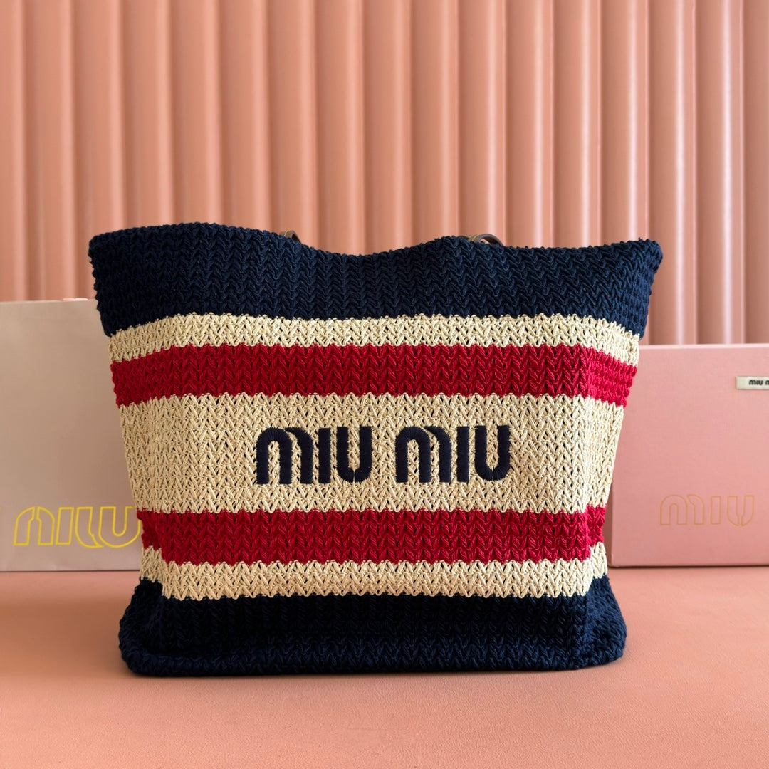 Miu Tote Bag 40cm Navy Blue Beige Red Raffia-Effect Woven 285406