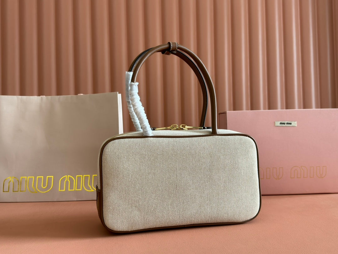 Miu Beau Medium Bag 29cm Soft Beige Cotton Brown Cowhide 257976