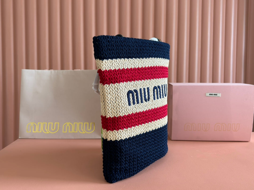 Miu Crochet Tote Bag 30x38 Beige Dark Blue Raffia-Effect Woven 285257