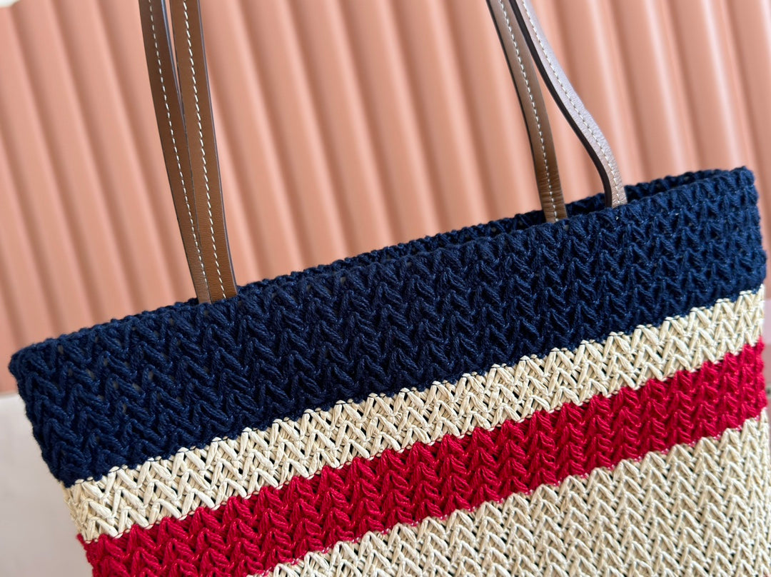 Miu Crochet Tote Bag 30x38 Beige Dark Blue Raffia-Effect Woven 285257