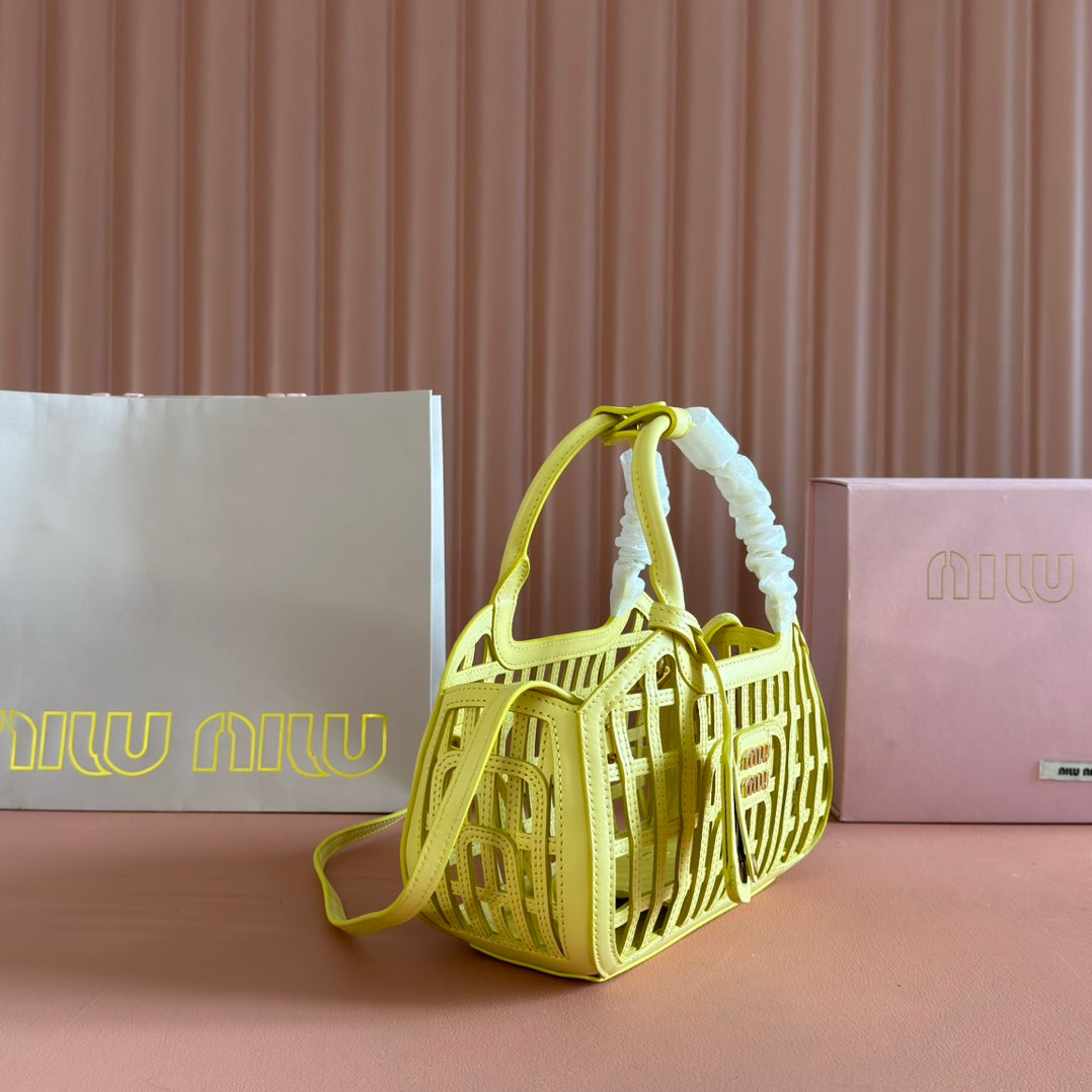 Miu Leather Basket Bag 24cm Lemon Yellow Cowhide 255473