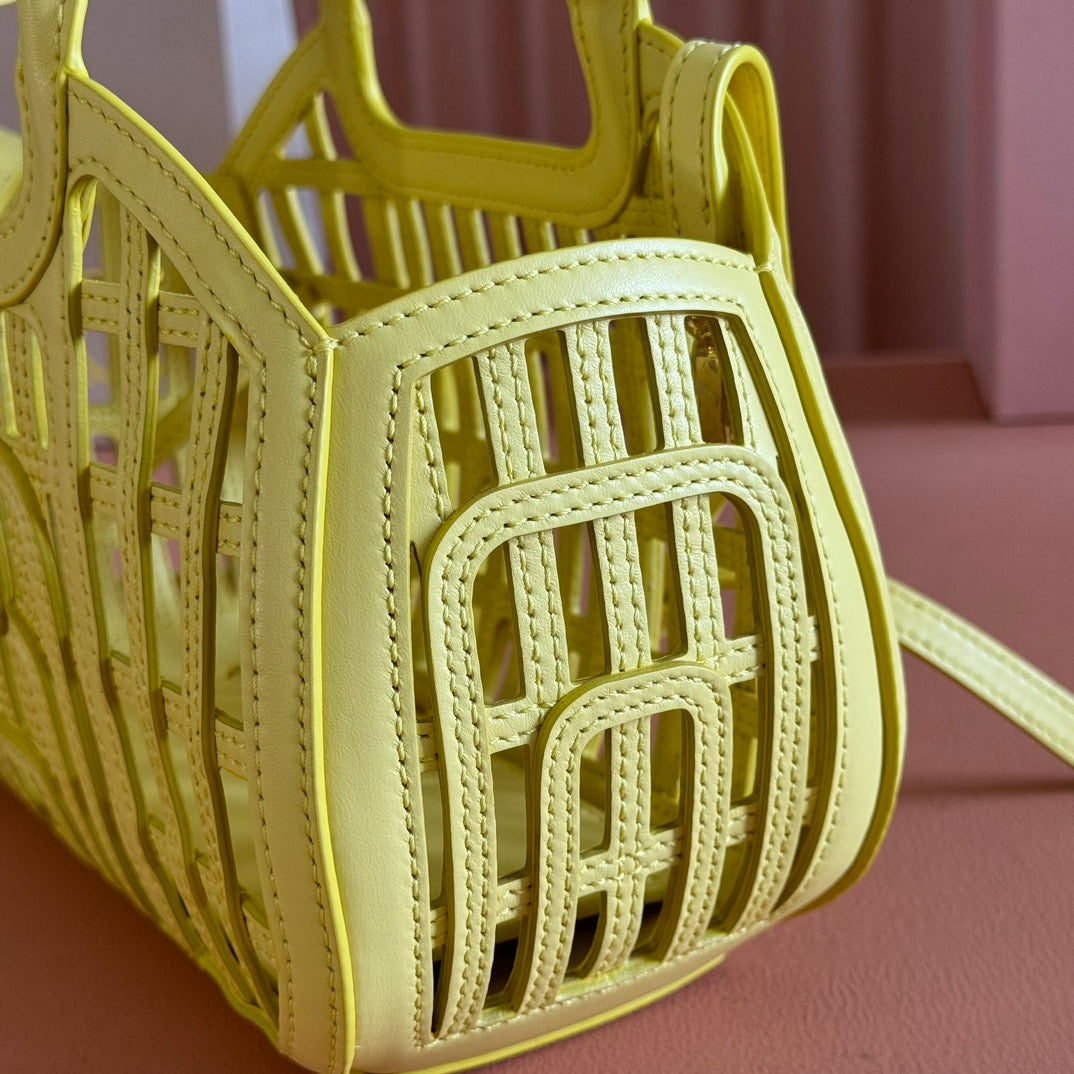 Miu Leather Basket Bag 24cm Lemon Yellow Cowhide 255473