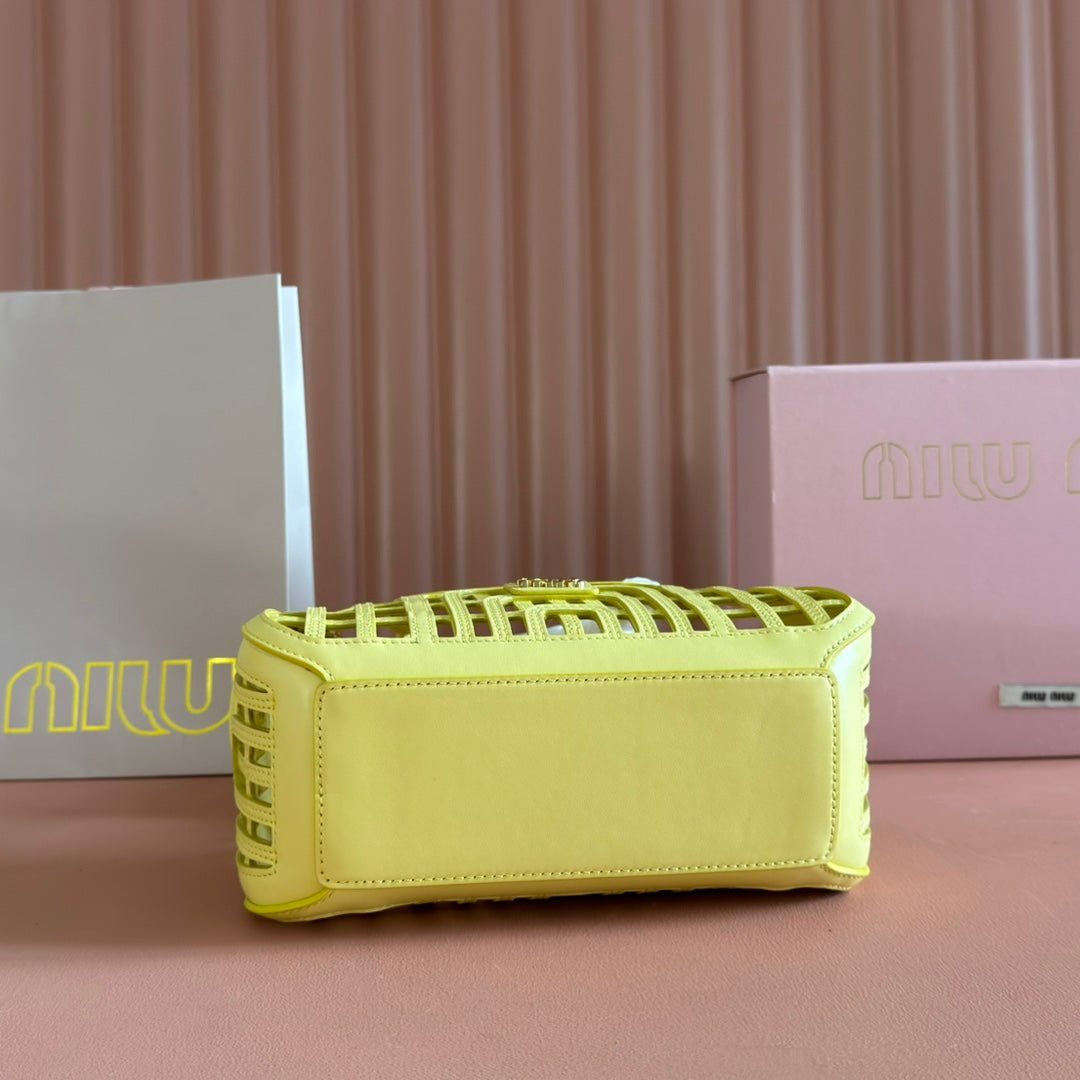 Miu Leather Basket Bag 24cm Lemon Yellow Cowhide 255473
