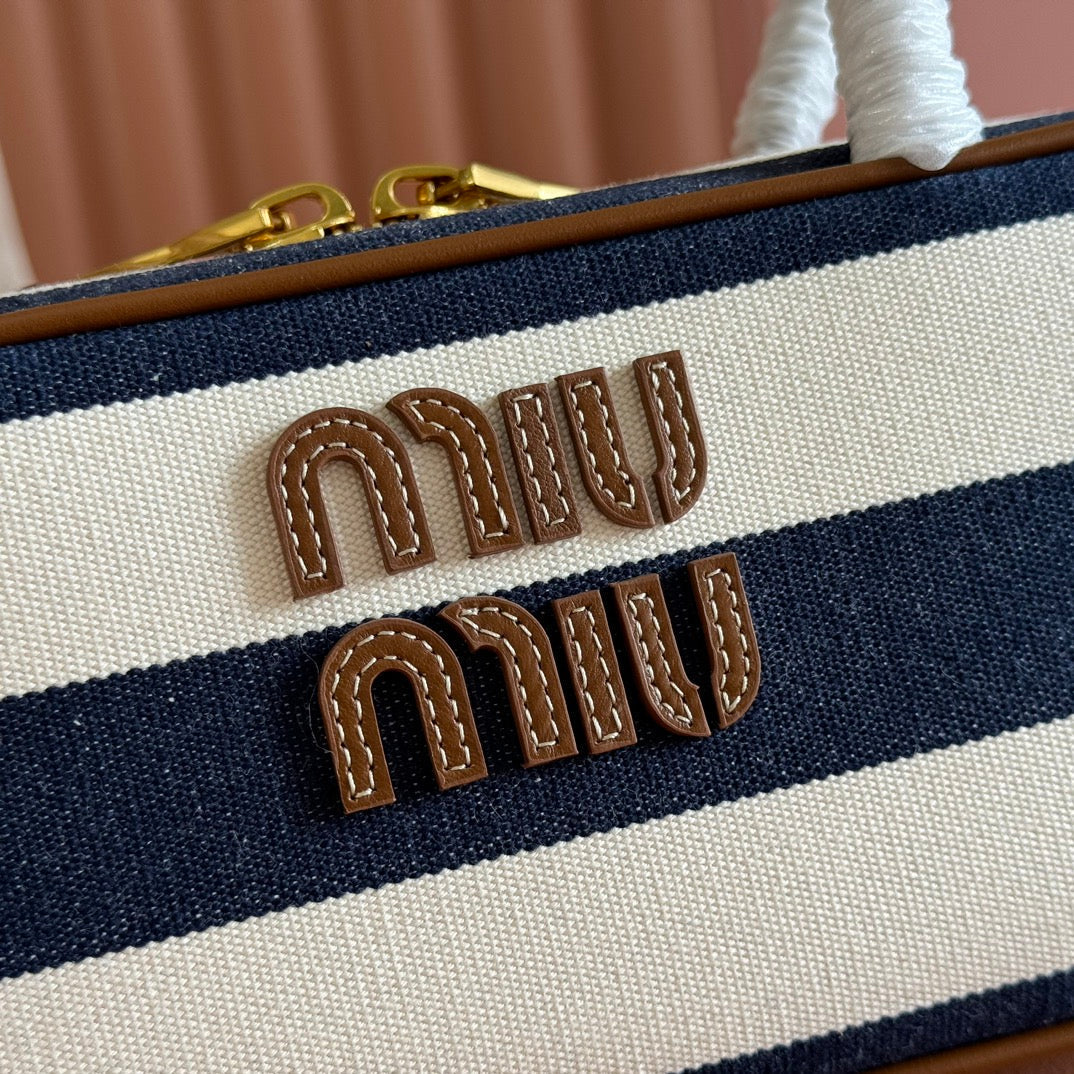 Miu Beau Small Bag 28cm Soft Beige Mix Dark Navy Blue Brown Cotton Cowhide 257951