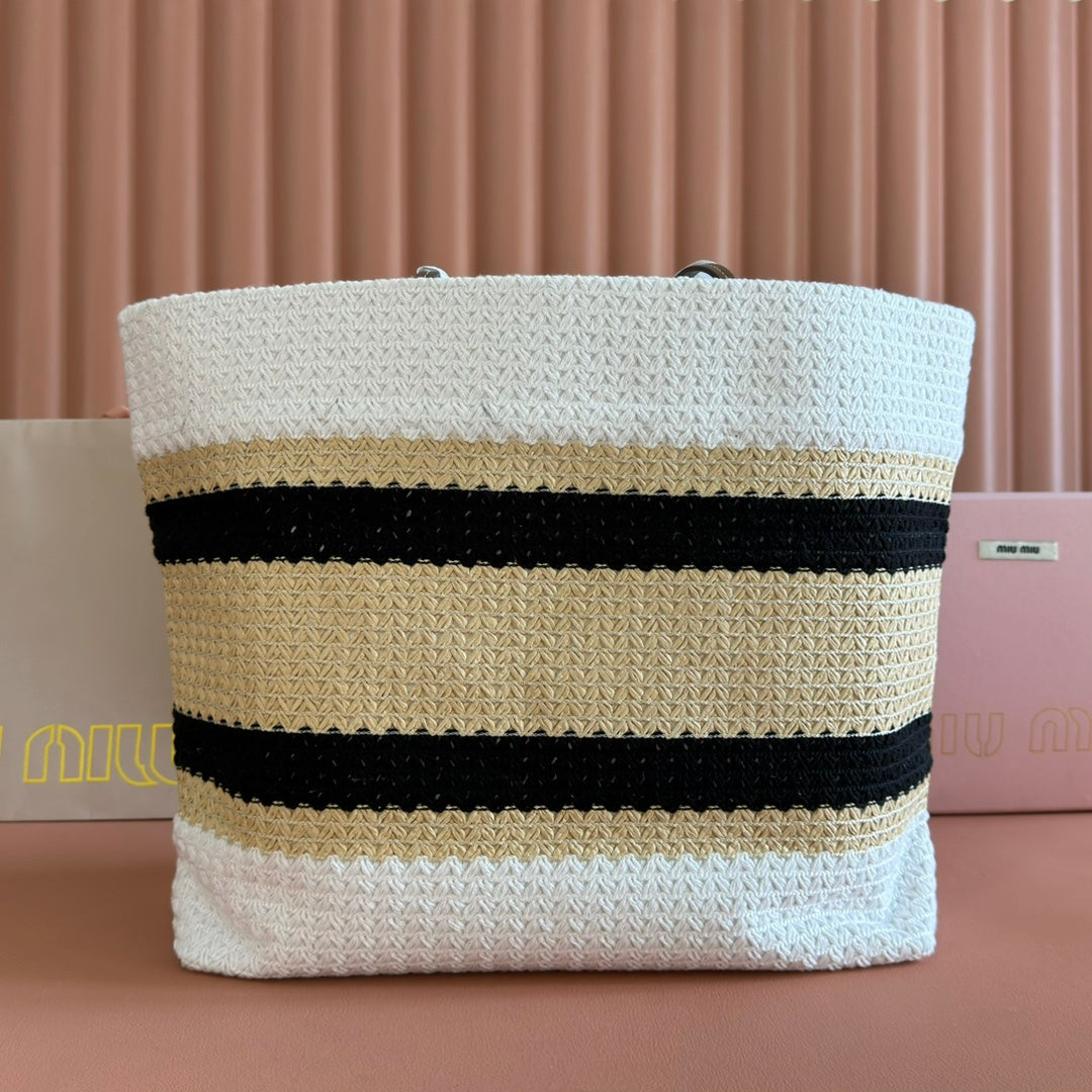 Miu Tote Bag 40cm Beige White Black Raffia-Effect Woven 285413