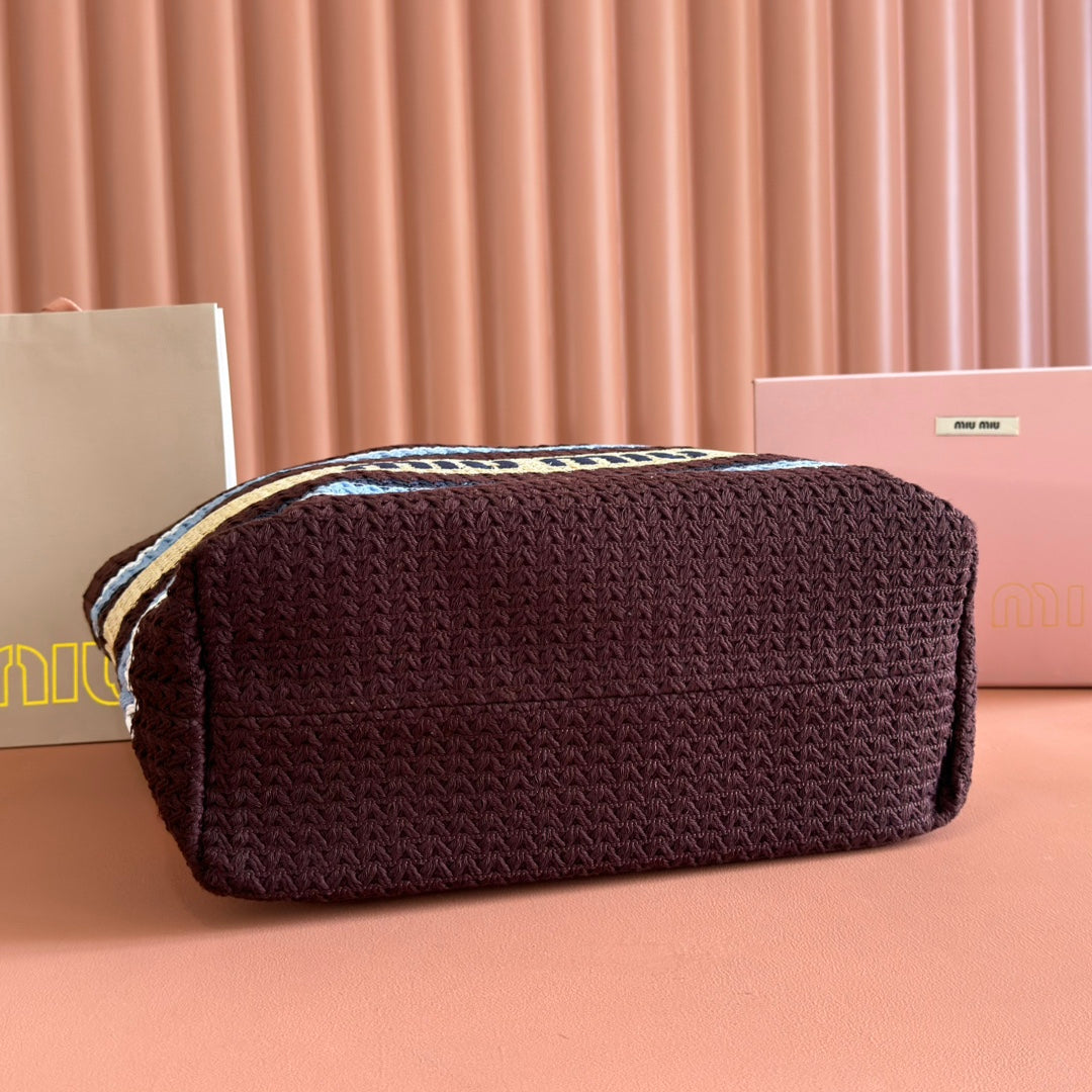 Miu Tote Bag 40cm Beige Brown Blue Raffia-Effect Woven 285416