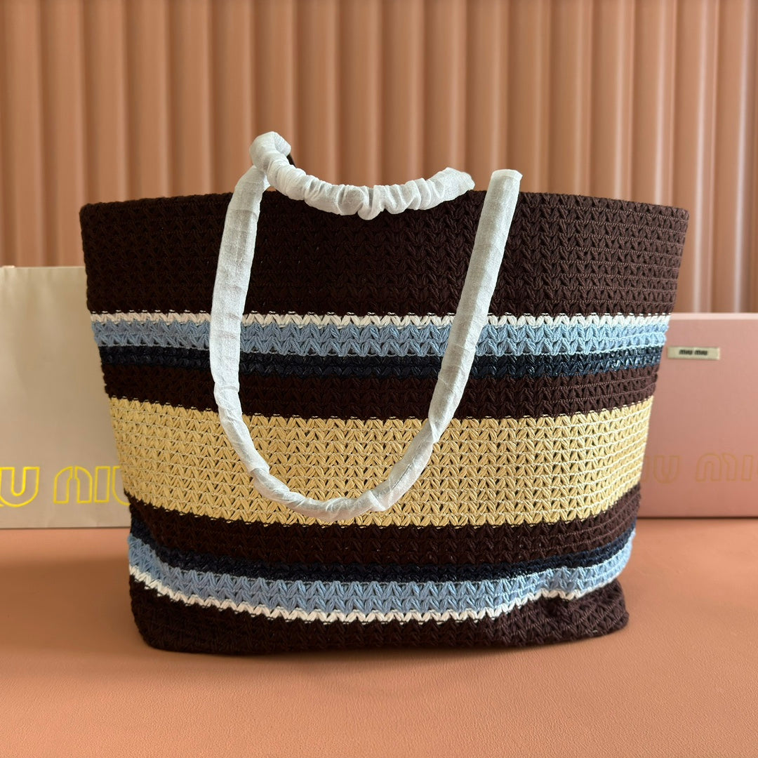 Miu Tote Bag 40cm Beige Brown Blue Raffia-Effect Woven 285416