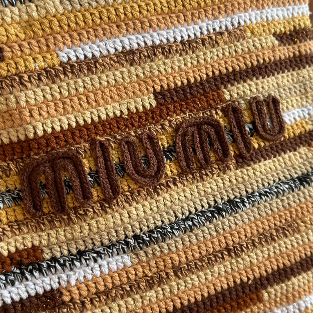 Miu Crochet Tote Bag 30x38 Beige Colorful Raffia-Effect Woven 285253