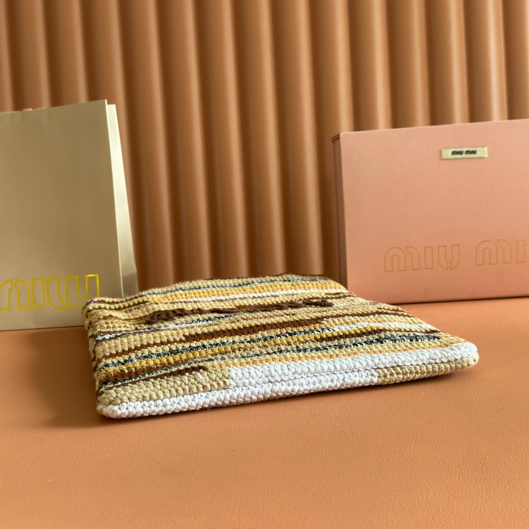 Miu Crochet Tote Bag 30x38 Beige Colorful Raffia-Effect Woven 285253