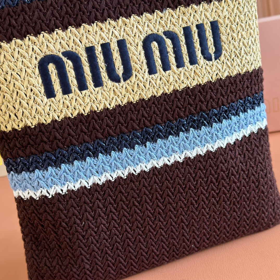 Miu Crochet Tote Bag 30x38 Beige Brown Raffia-Effect Woven 285266