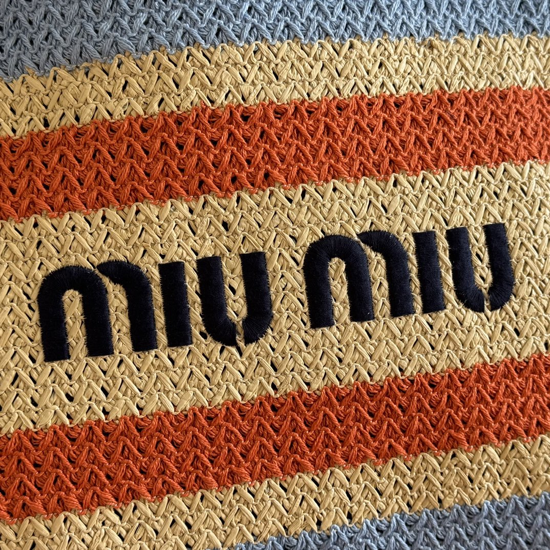 Miu Tote Bag 40cm Beige Blue Red Raffia-Effect Woven 285422